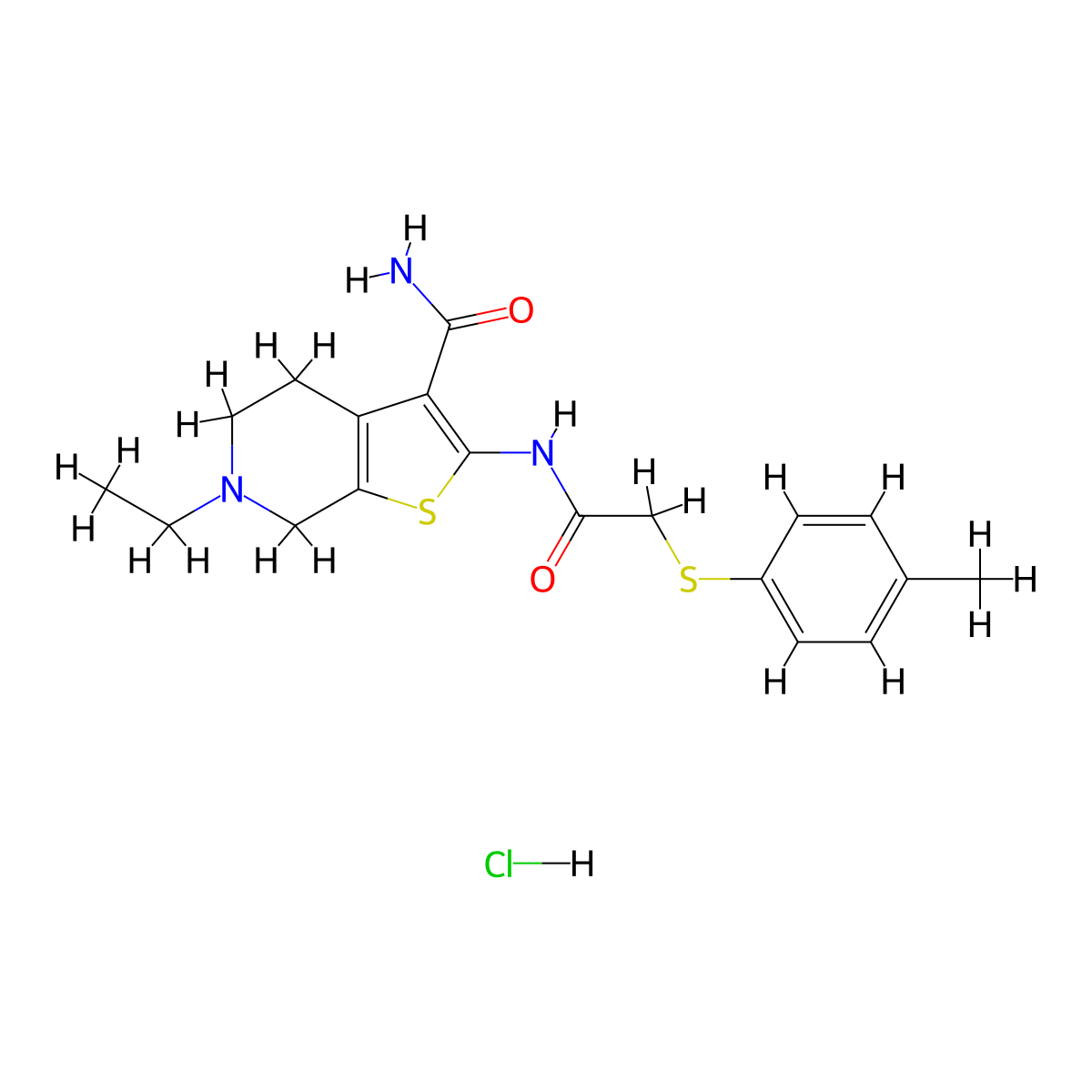 6-Ethyl-2-(2-(p-tolylthio)acetamido)-4,5,6,7-tetrahydrothieno[2,3-c]pyridine-3-carboxamide hydrochloride molecular structure, CAS 1330300-68-9