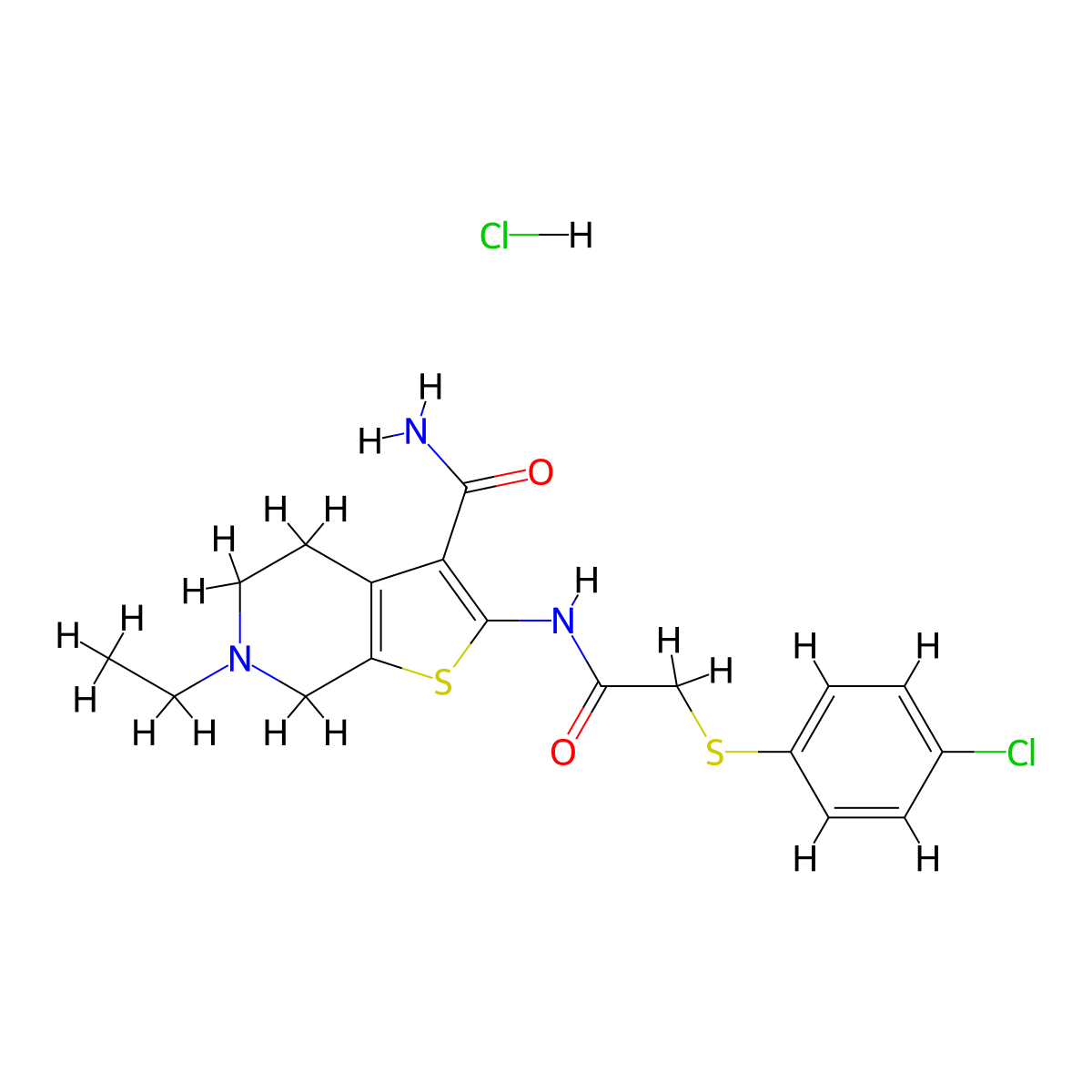 2-(2-((4-Chlorophenyl)thio)acetamido)-6-ethyl-4,5,6,7-tetrahydrothieno[2,3-c]pyridine-3-carboxamide hydrochloride molecular structure, CAS 1330300-71-4
