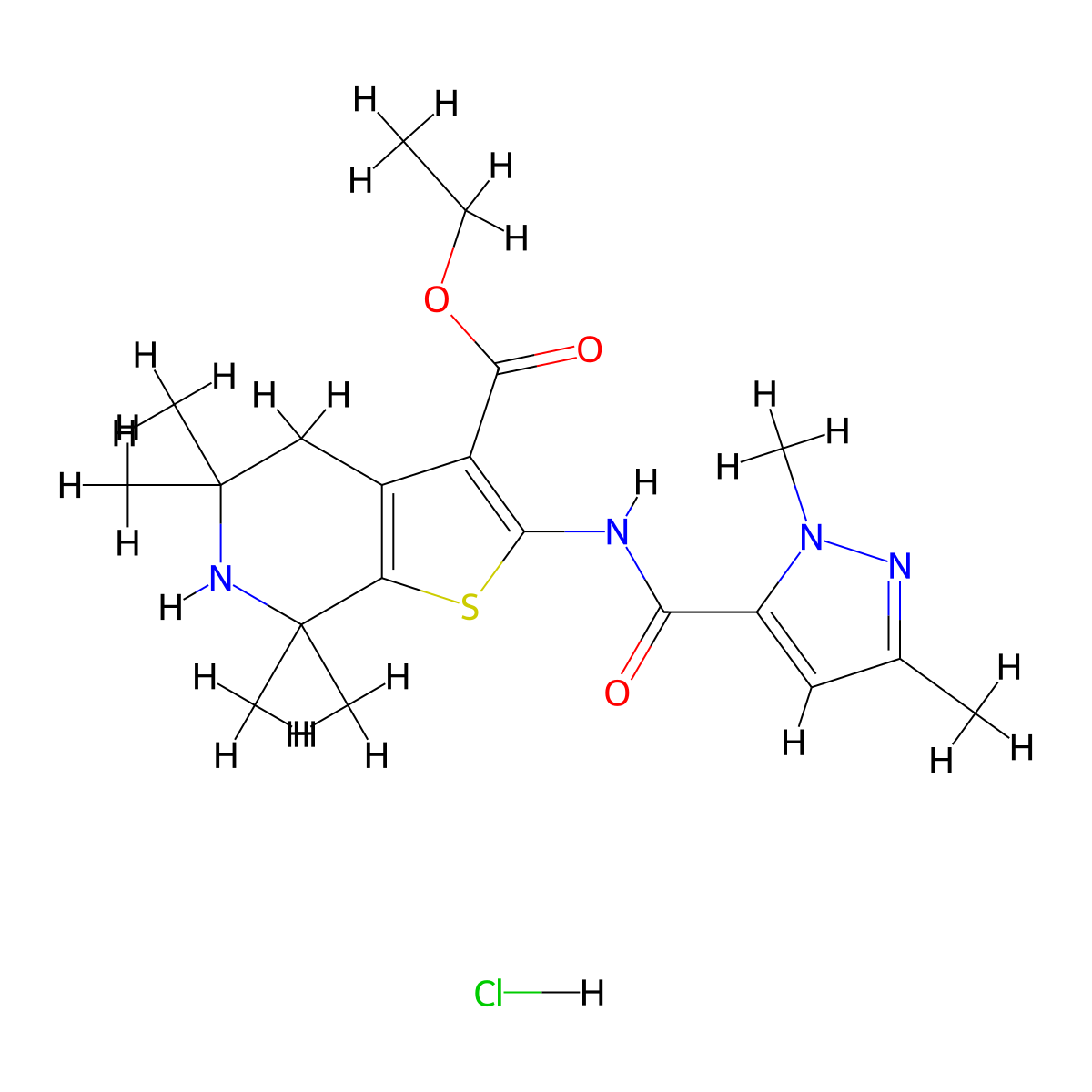 ethyl 2-(1,3-dimethyl-1H-pyrazole-5-carboxamido)-5,5,7,7-tetramethyl-4,5,6,7-tetrahydrothieno[2,3-c]pyridine-3-carboxylate hydrochloride molecular structure, CAS 1330300-99-6