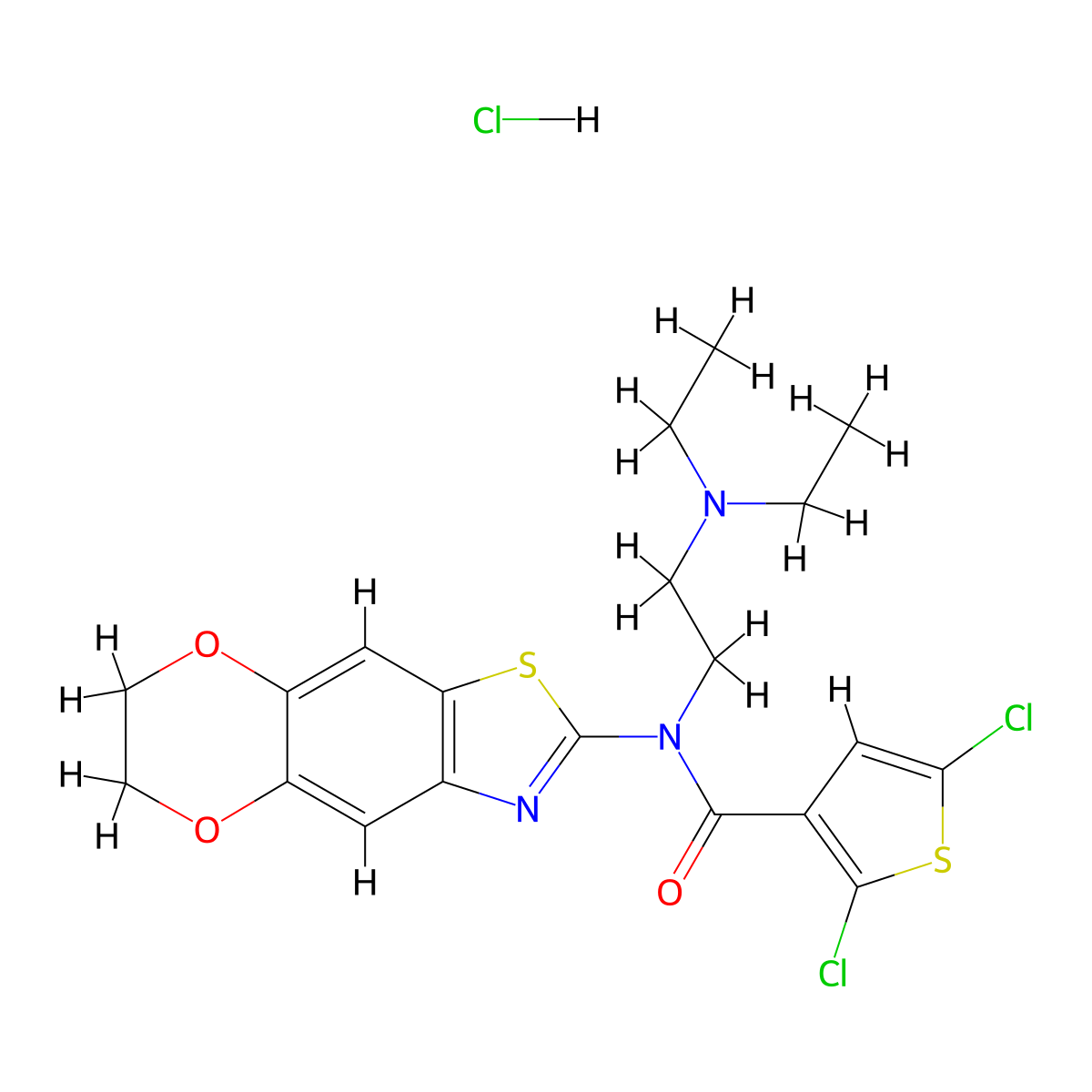 2,5-dichloro-N-[2-(diethylamino)ethyl]-N-{10,13-dioxa-4-thia-6-azatricyclo[7.4.0.0^{3,7}]trideca-1,3(7),5,8-tetraen-5-yl}thiophene-3-carboxamide hydrochloride molecular structure, CAS 1330312-36-1