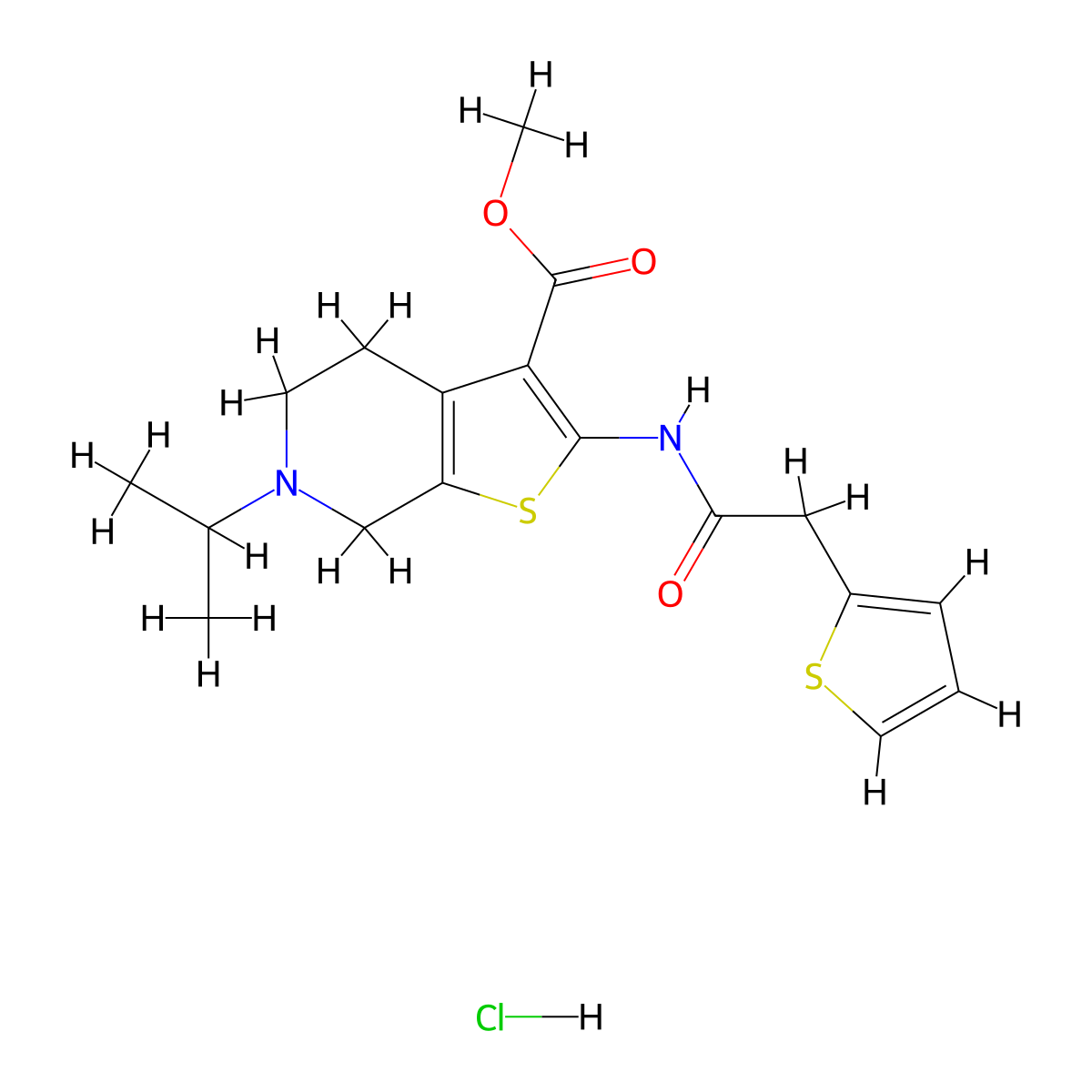 Methyl 6-isopropyl-2-(2-(thiophen-2-yl)acetamido)-4,5,6,7-tetrahydrothieno[2,3-c]pyridine-3-carboxylate hydrochloride molecular structure, CAS 1330316-09-0