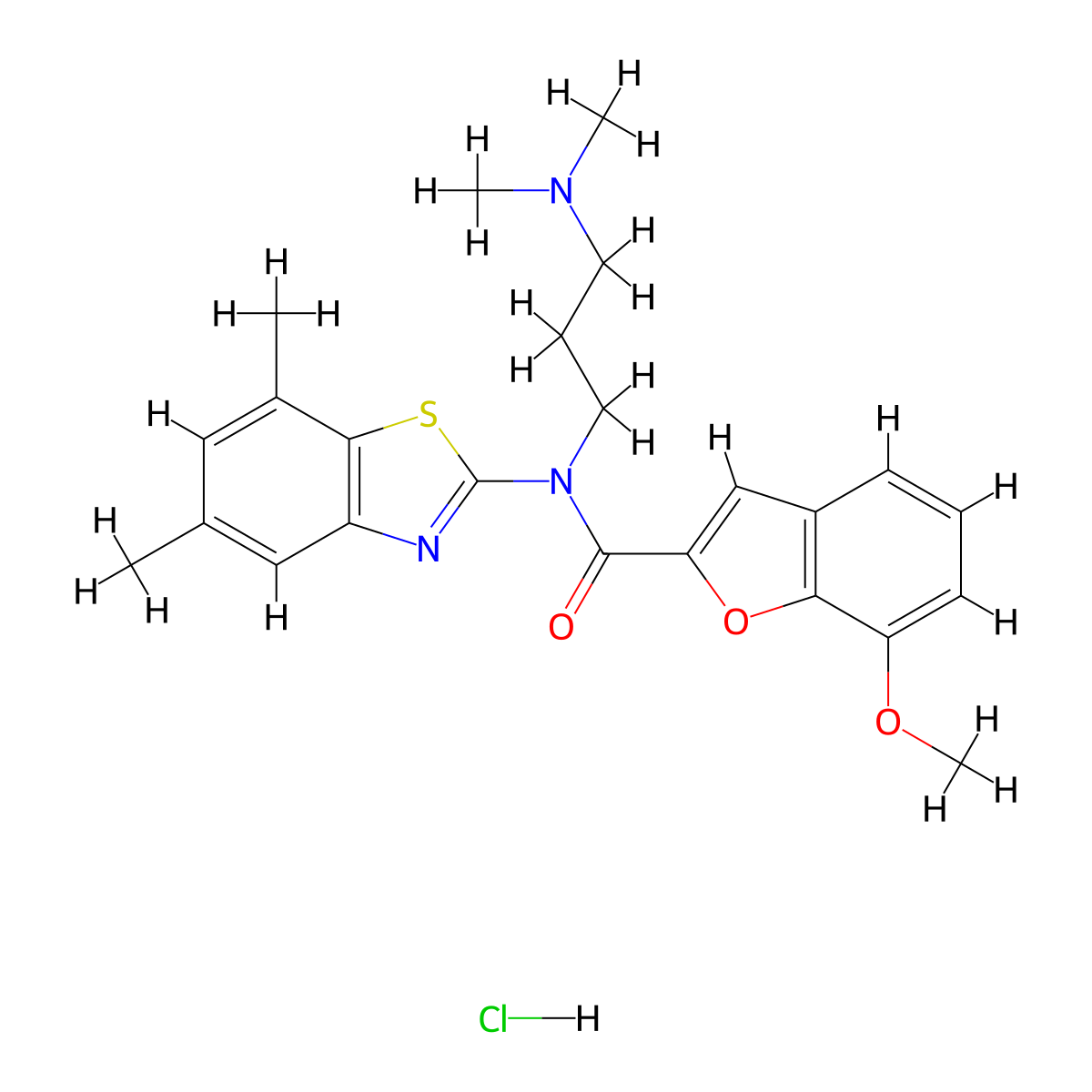N-(3-(dimethylamino)propyl)-N-(5,7-dimethylbenzo[d]thiazol-2-yl)-7-methoxybenzofuran-2-carboxamide hydrochloride molecular structure, CAS 1330318-36-9