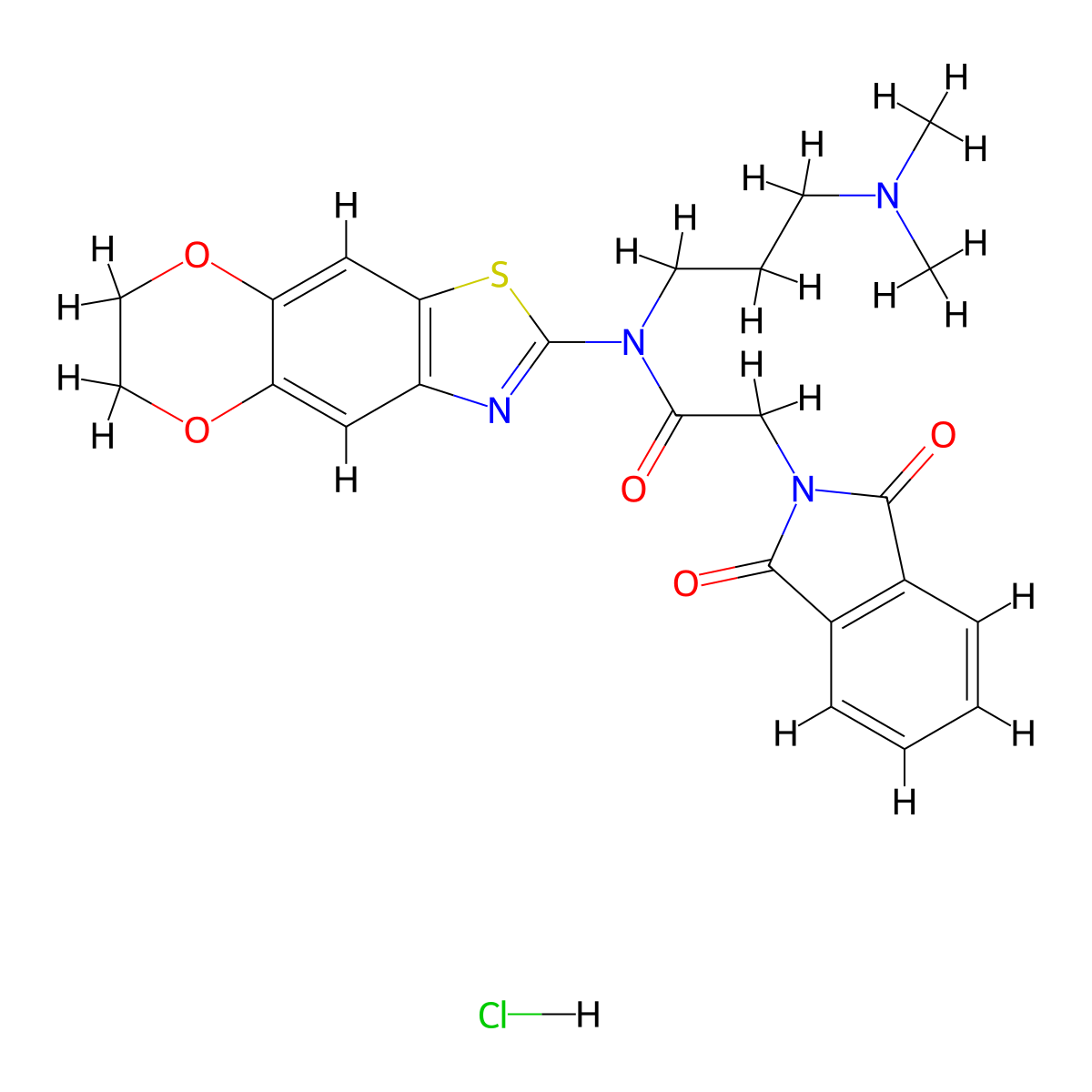 N-[3-(dimethylamino)propyl]-N-{10,13-dioxa-4-thia-6-azatricyclo[7.4.0.0^{3,7}]trideca-1,3(7),5,8-tetraen-5-yl}-2-(1,3-dioxo-2,3-dihydro-1H-isoindol-2-yl)acetamide hydrochloride molecular structure, CAS 1330321-46-4