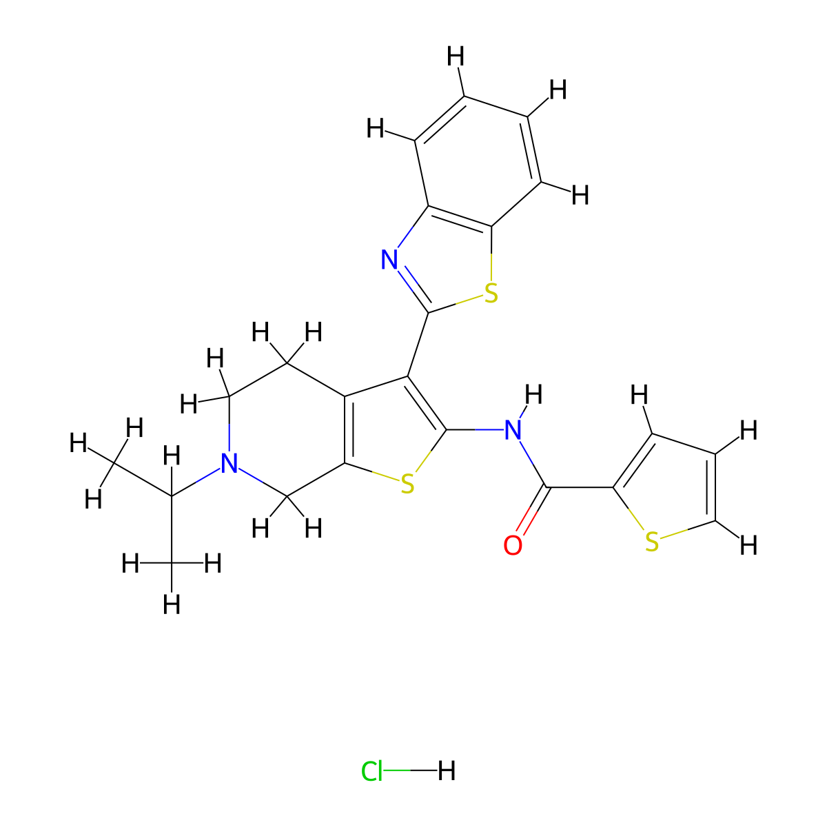 N-(3-(benzo[d]thiazol-2-yl)-6-isopropyl-4,5,6,7-tetrahydrothieno[2,3-c]pyridin-2-yl)thiophene-2-carboxamide hydrochloride molecular structure, CAS 1330325-59-1