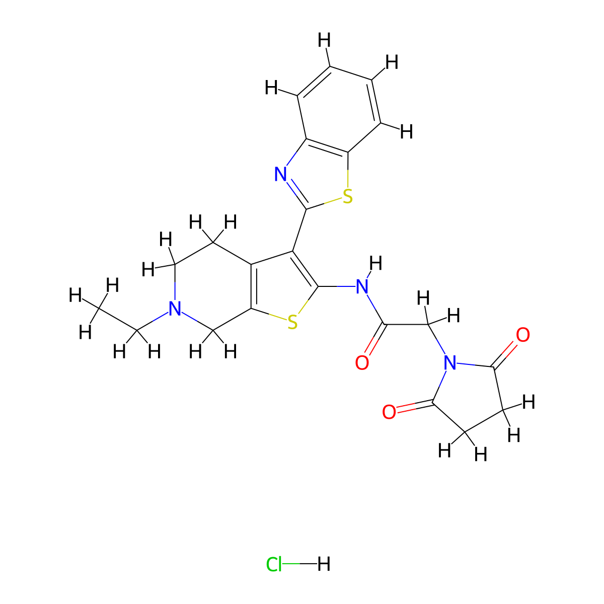 N-(3-(benzo[d]thiazol-2-yl)-6-ethyl-4,5,6,7-tetrahydrothieno[2,3-c]pyridin-2-yl)-2-(2,5-dioxopyrrolidin-1-yl)acetamide hydrochloride molecular structure, CAS 1330325-74-0
