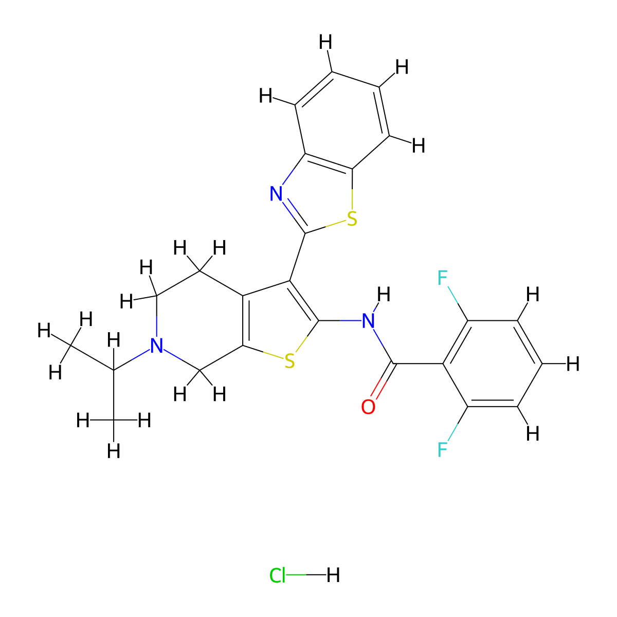 N-(3-(benzo[d]thiazol-2-yl)-6-isopropyl-4,5,6,7-tetrahydrothieno[2,3-c]pyridin-2-yl)-2,6-difluorobenzamide hydrochloride molecular structure, CAS 1330341-32-6