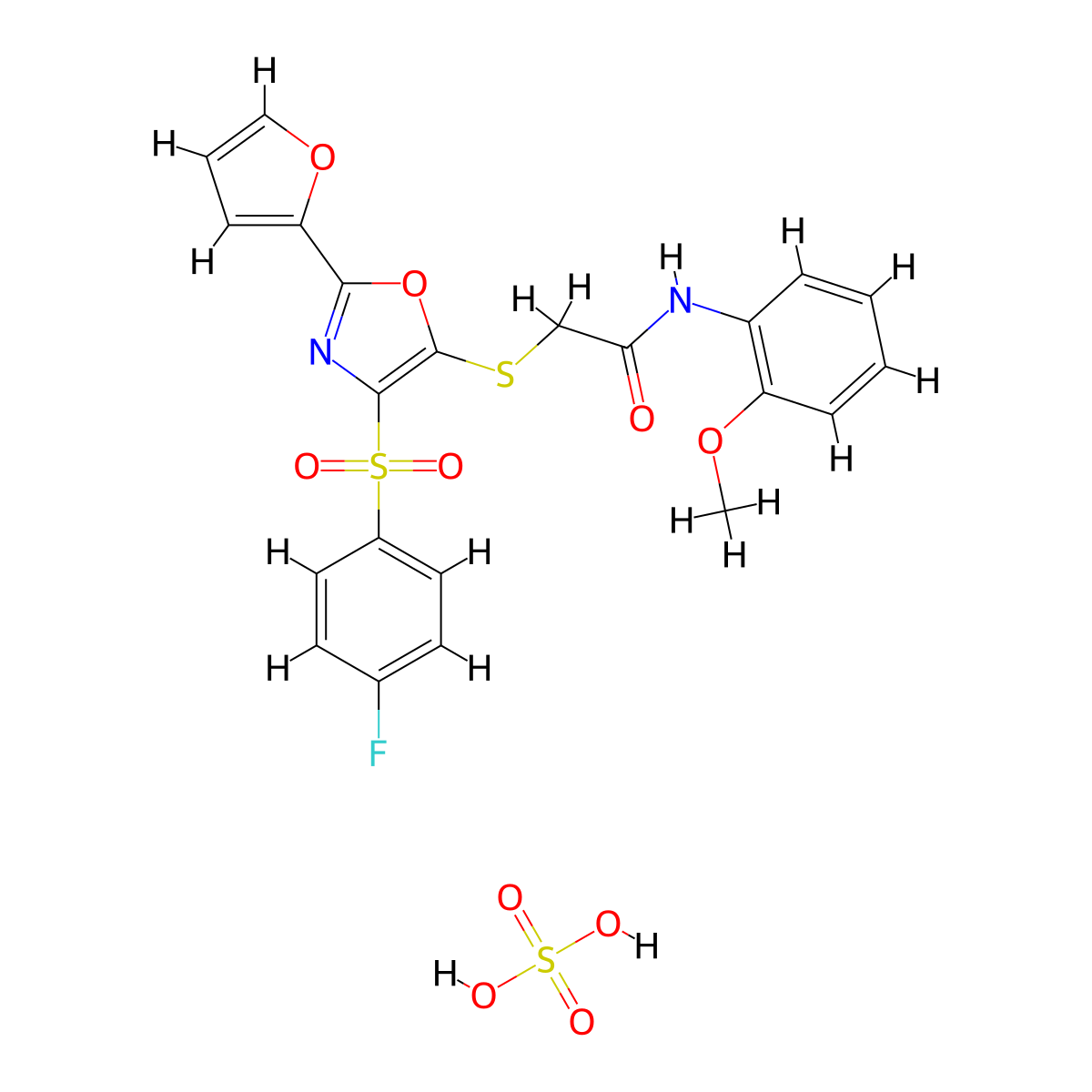 2-((4-((4-fluorophenyl)sulfonyl)-2-(furan-2-yl)oxazol-5-yl)thio)-N-(2-methoxyphenyl)acetamide sulfate molecular structure, CAS 1330369-30-6