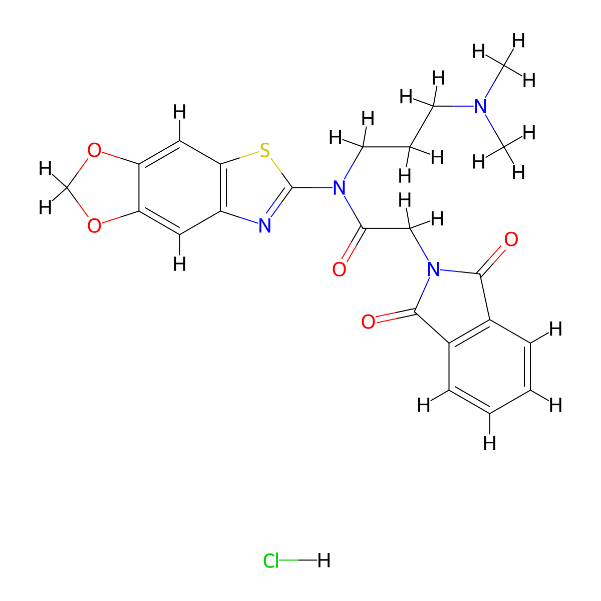 N-[3-(dimethylamino)propyl]-N-{4,6-dioxa-10-thia-12-azatricyclo[7.3.0.0^{3,7}]dodeca-1(9),2,7,11-tetraen-11-yl}-2-(1,3-dioxo-2,3-dihydro-1H-isoindol-2-yl)acetamide hydrochloride molecular structure, CAS 1330372-22-9