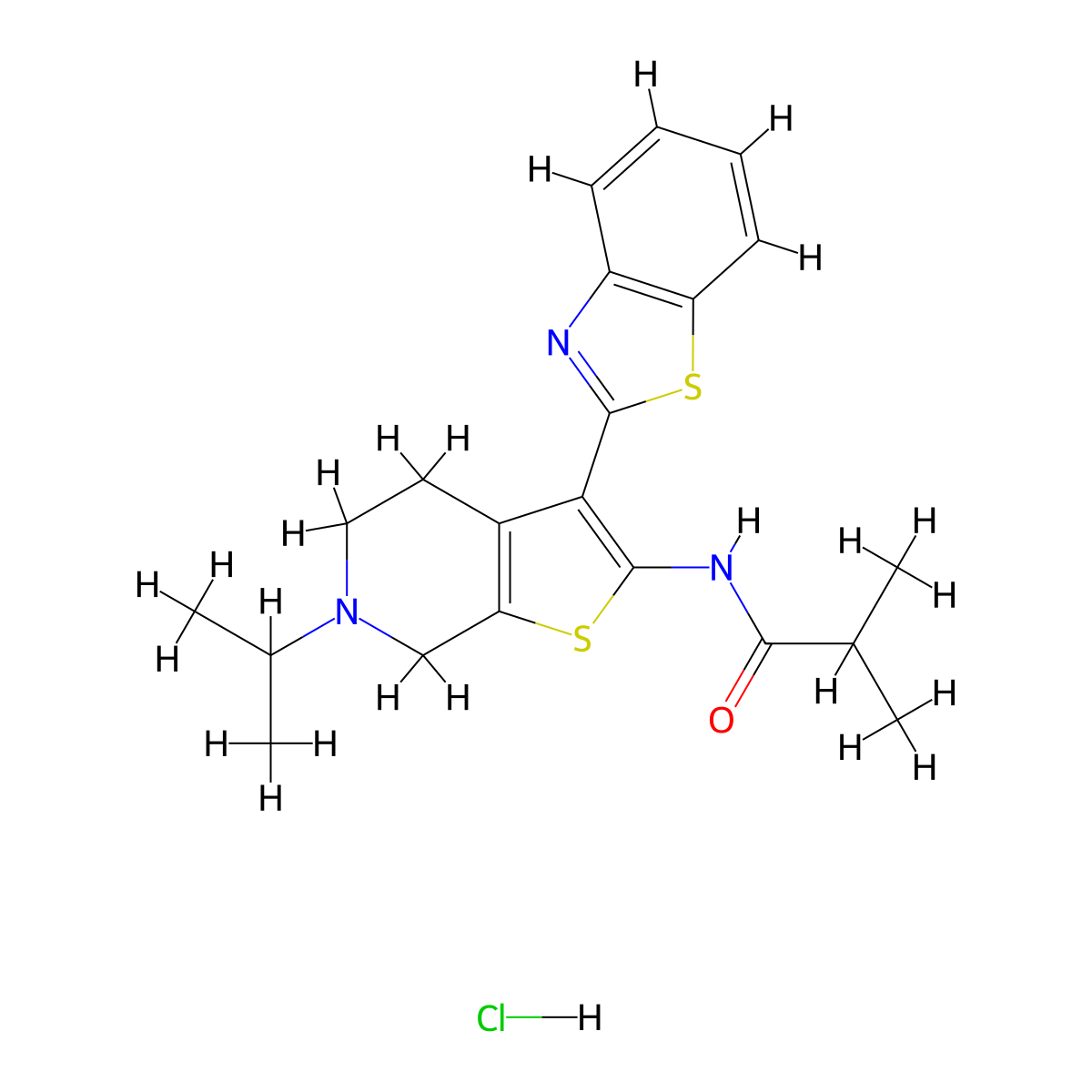 N-(3-(benzo[d]thiazol-2-yl)-6-isopropyl-4,5,6,7-tetrahydrothieno[2,3-c]pyridin-2-yl)isobutyramide hydrochloride molecular structure, CAS 1330380-79-4