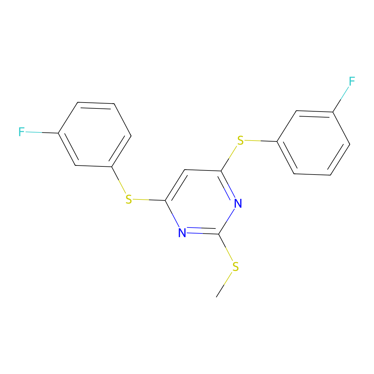 4,6-Bis[(3-fluorophenyl)sulfanyl]-2-(methylsulfanyl)pyrimidine molecular structure, CAS 1330750-55-4