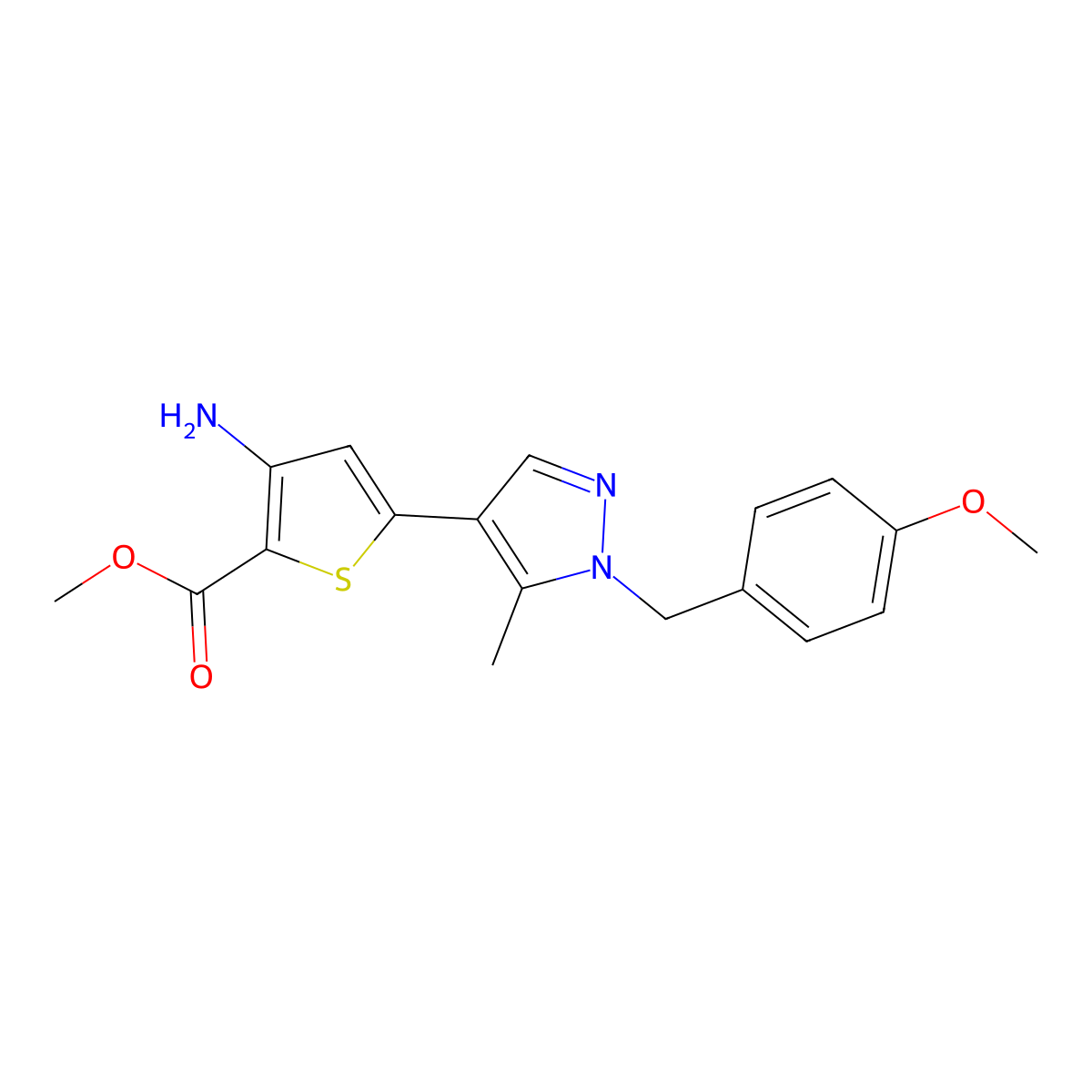 methyl 3-amino-5-(1-(4-methoxybenzyl)-5-methyl-1H-pyrazol-4-yl)thiophene-2-carboxylate molecular structure, CAS 1330785-12-0