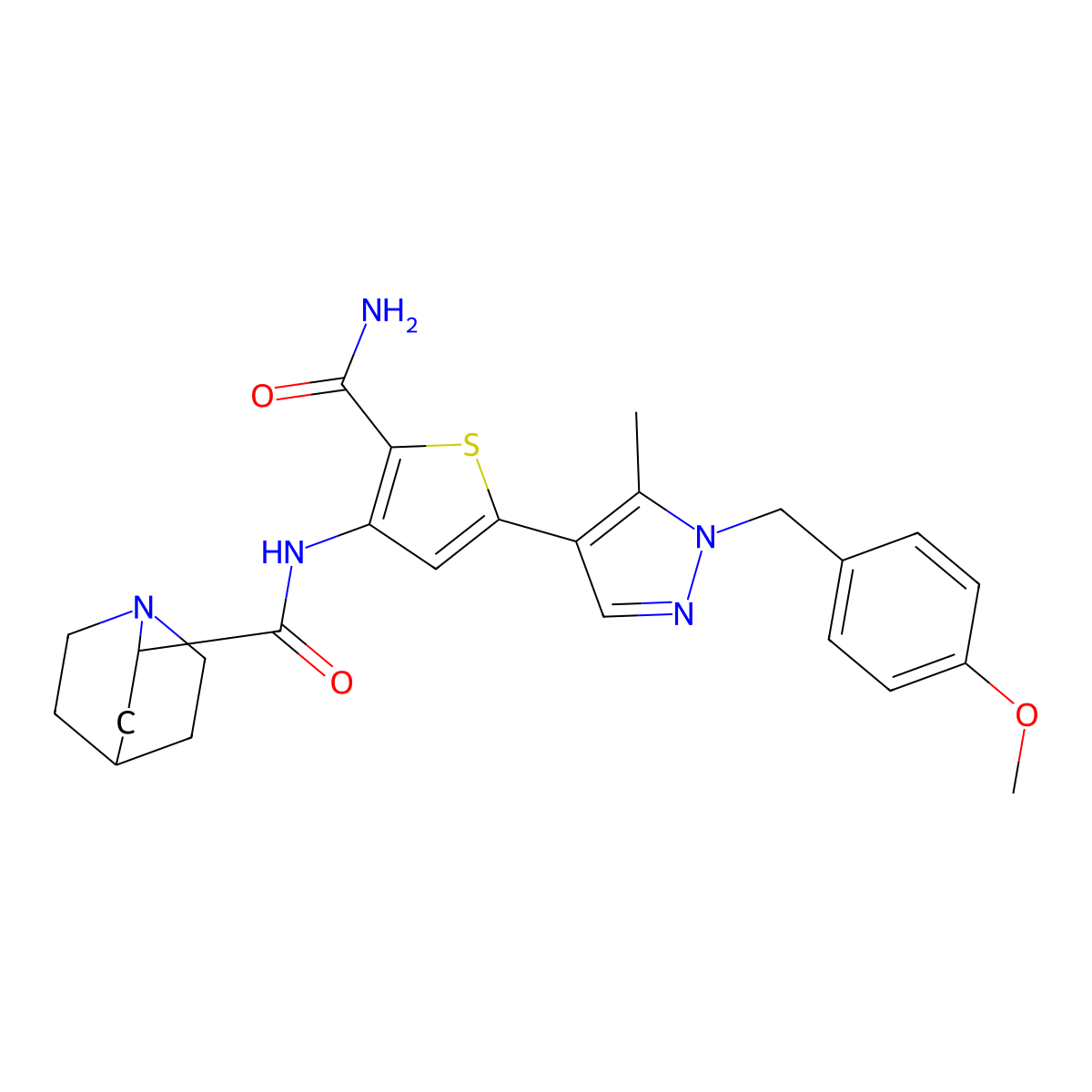 N-[2-carbamoyl-5-[1-[(4-methoxyphenyl)methyl]-5-methylpyrazol-4-yl]thiophen-3-yl]-1-azabicyclo[2.2.2]octane-2-carboxamide molecular structure, CAS 1330785-16-4