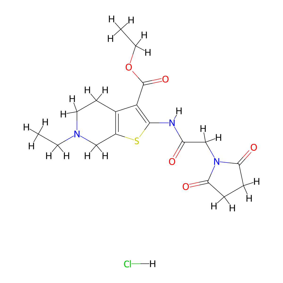 Ethyl 2-(2-(2,5-dioxopyrrolidin-1-yl)acetamido)-6-ethyl-4,5,6,7-tetrahydrothieno[2,3-c]pyridine-3-carboxylate hydrochloride molecular structure, CAS 1330959-59-5