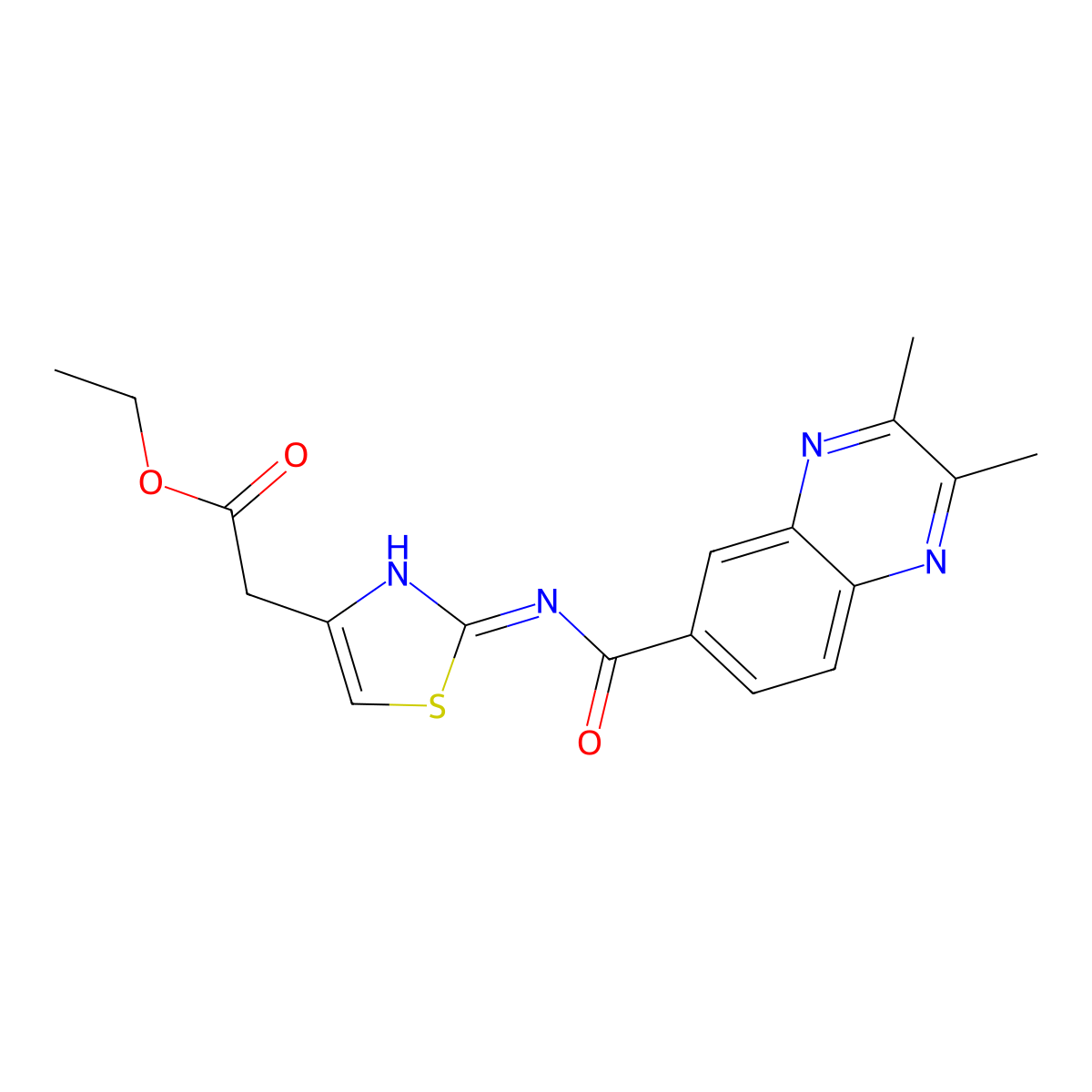 Ethyl (2-{[(2,3-dimethylquinoxalin-6-yl)carbonyl]amino}-1,3-thiazol-4-yl)acetate molecular structure, CAS 1331088-13-1