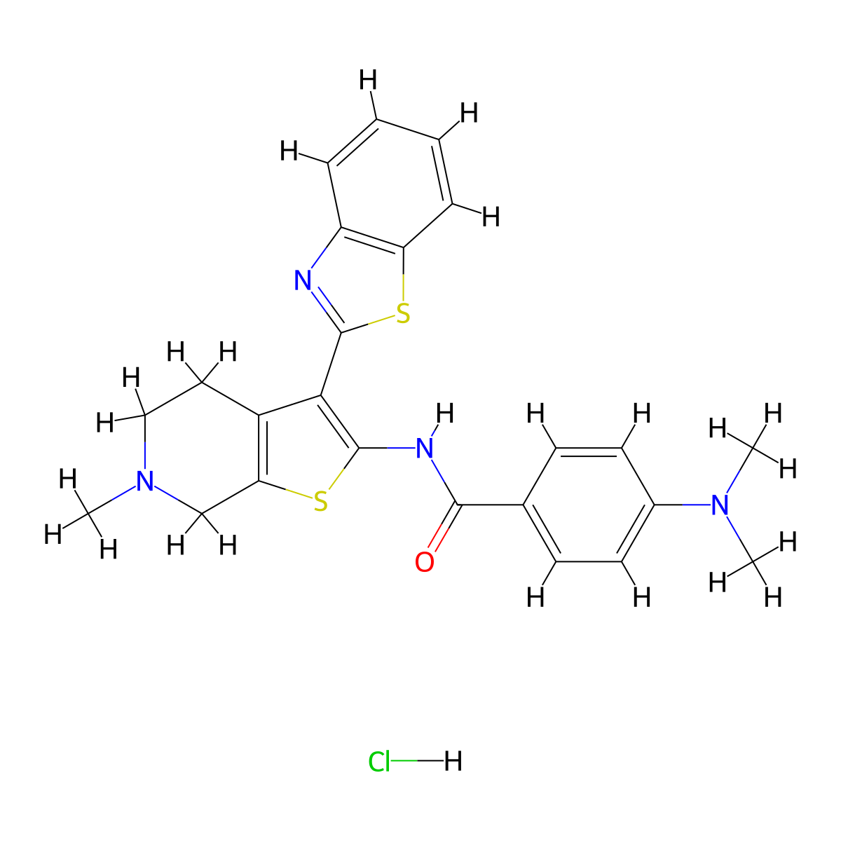 N-(3-(benzo[d]thiazol-2-yl)-6-methyl-4,5,6,7-tetrahydrothieno[2,3-c]pyridin-2-yl)-4-(dimethylamino)benzamide hydrochloride molecular structure, CAS 1331101-01-9