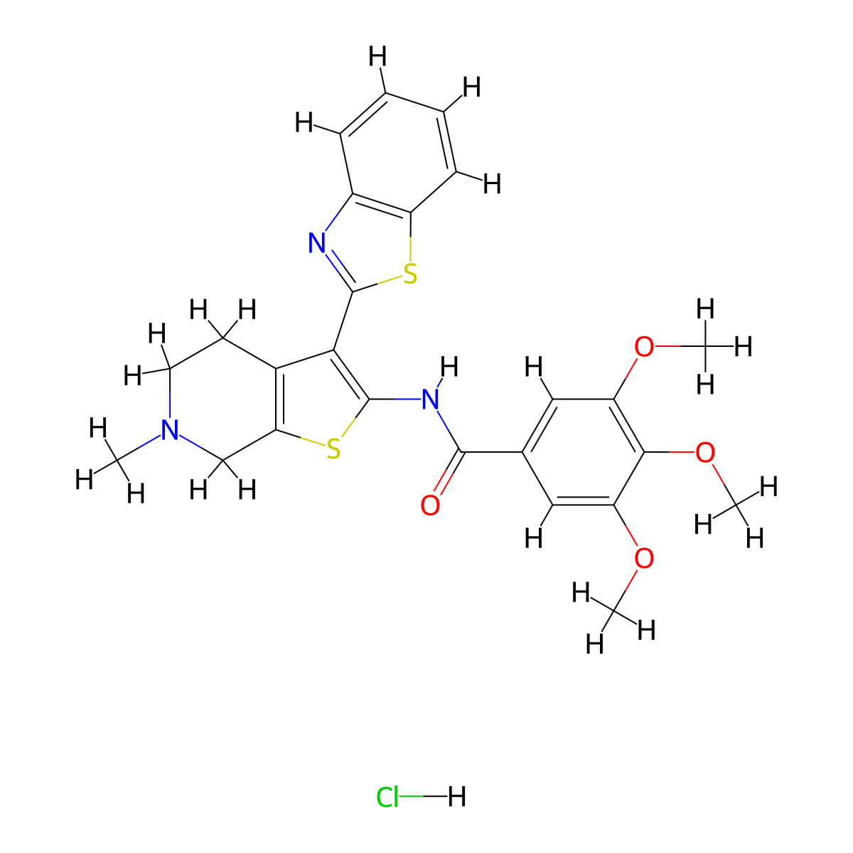 N-(3-(benzo[d]thiazol-2-yl)-6-methyl-4,5,6,7-tetrahydrothieno[2,3-c]pyridin-2-yl)-3,4,5-trimethoxybenzamide hydrochloride molecular structure, CAS 1331109-32-0