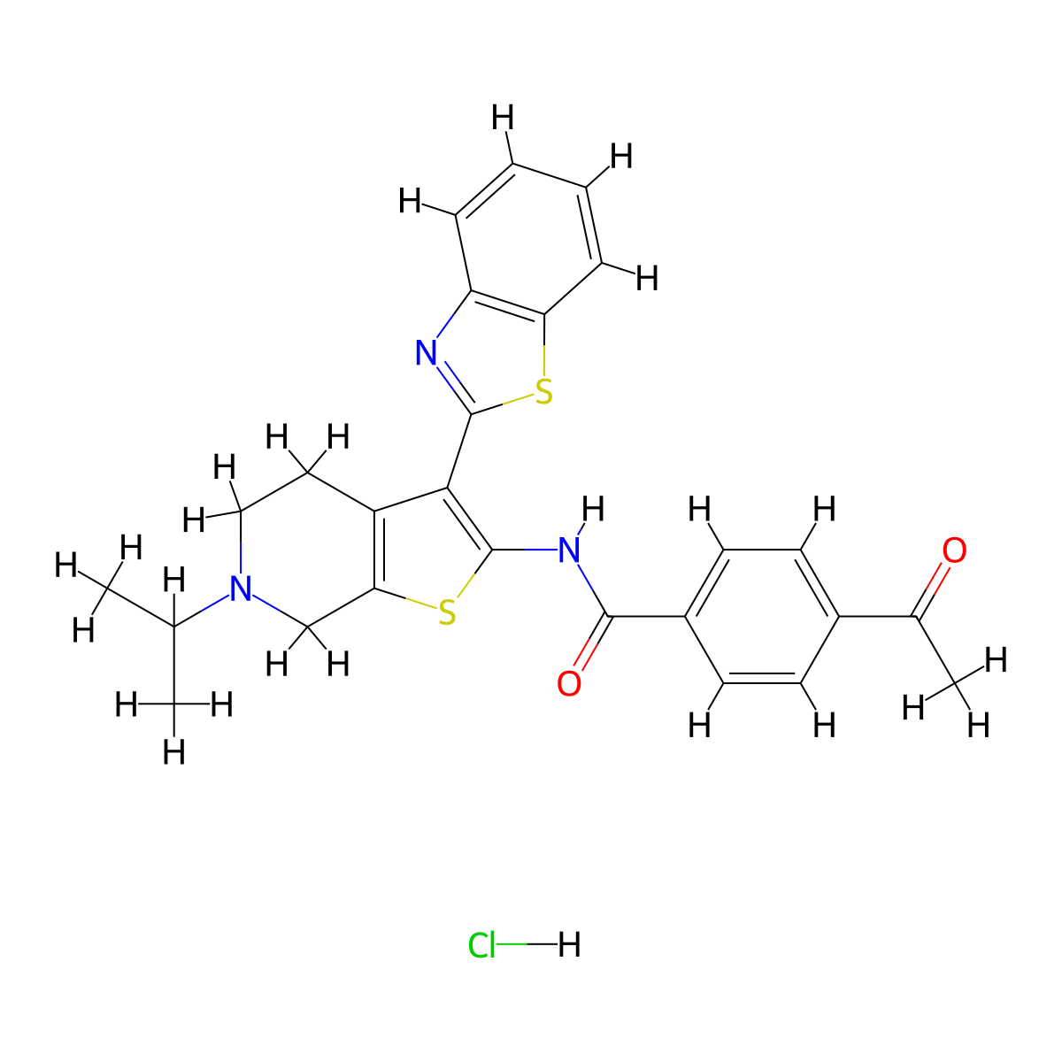 4-acetyl-N-(3-(benzo[d]thiazol-2-yl)-6-isopropyl-4,5,6,7-tetrahydrothieno[2,3-c]pyridin-2-yl)benzamide hydrochloride molecular structure, CAS 1331110-64-5