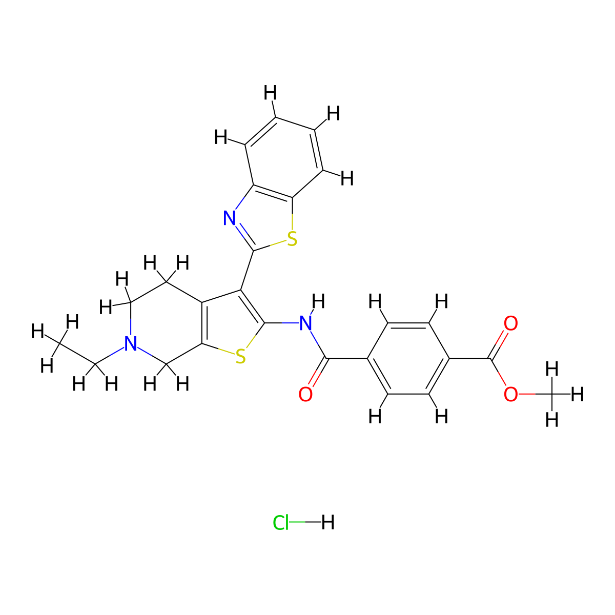 Methyl 4-((3-(benzo[d]thiazol-2-yl)-6-ethyl-4,5,6,7-tetrahydrothieno[2,3-c]pyridin-2-yl)carbamoyl)benzoate hydrochloride molecular structure, CAS 1331110-84-9