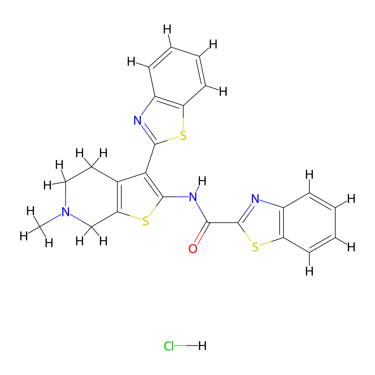 N-(3-(benzo[d]thiazol-2-yl)-6-methyl-4,5,6,7-tetrahydrothieno[2,3-c]pyridin-2-yl)benzo[d]thiazole-2-carboxamide hydrochloride molecular structure, CAS 1331110-97-4