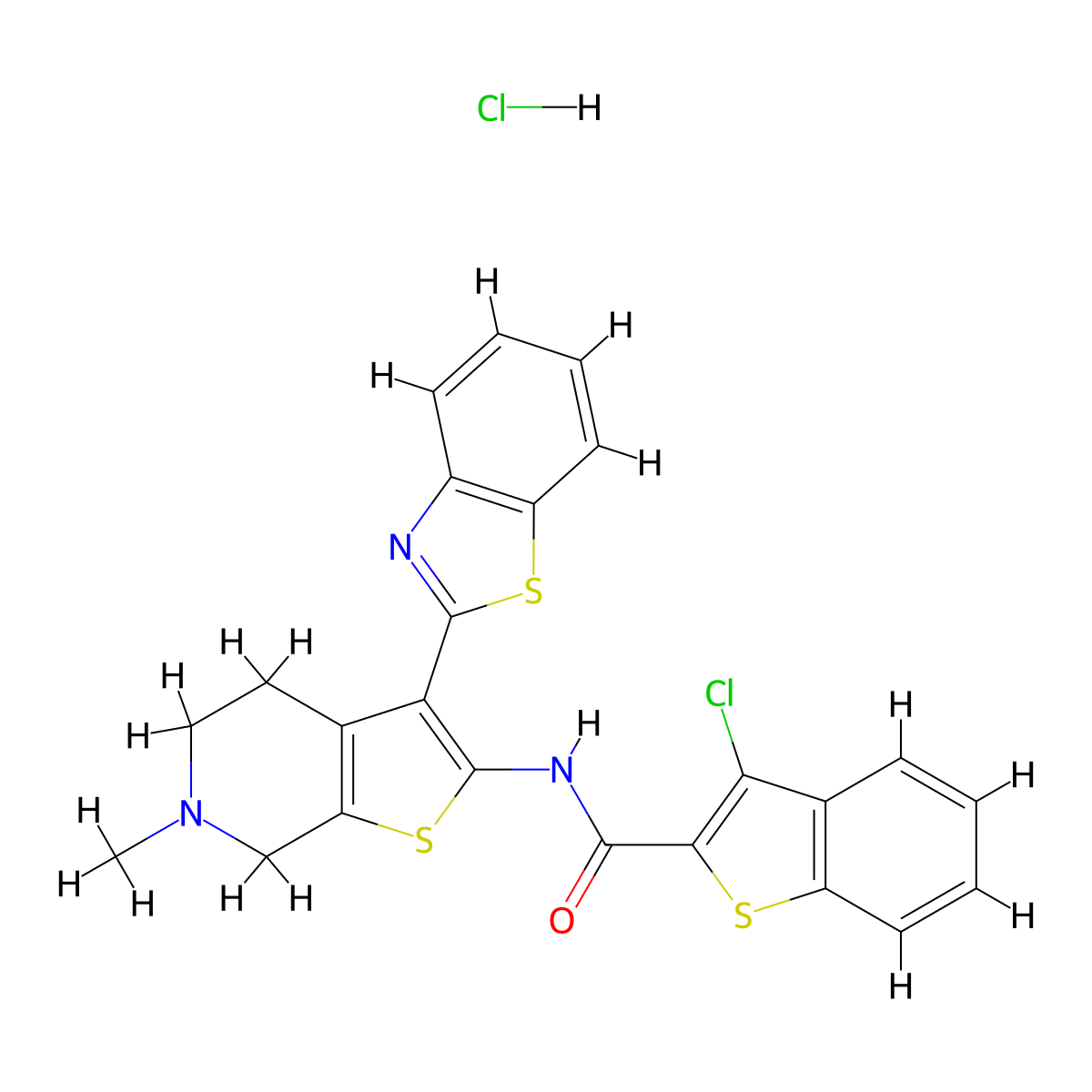 N-(3-(benzo[d]thiazol-2-yl)-6-methyl-4,5,6,7-tetrahydrothieno[2,3-c]pyridin-2-yl)-3-chlorobenzo[b]thiophene-2-carboxamide hydrochloride molecular structure, CAS 1331111-06-8