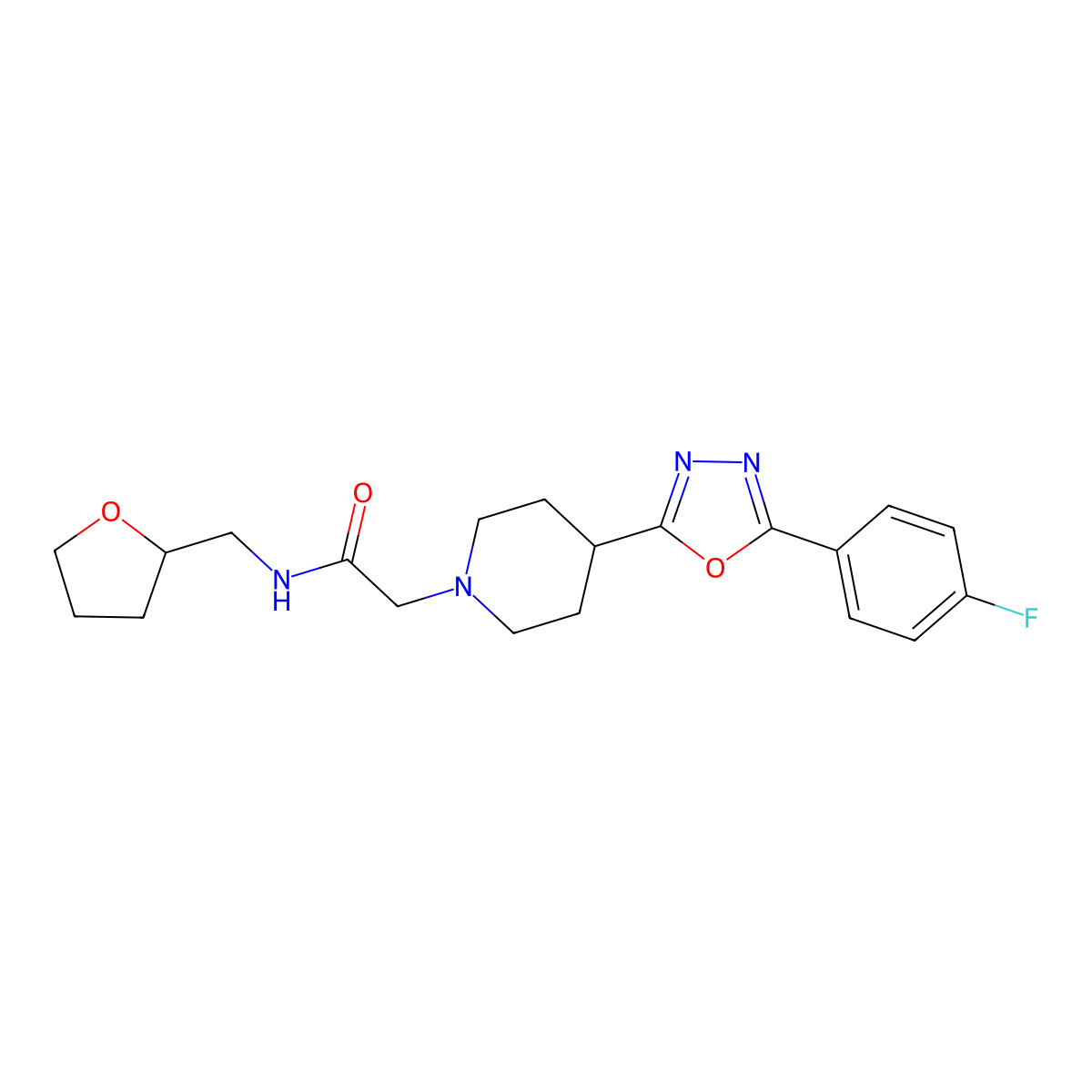 2-(4-(5-(4-fluorophenyl)-1,3,4-oxadiazol-2-yl)piperidin-1-yl)-N-((tetrahydrofuran-2-yl)methyl)acetamide molecular structure, CAS 1331214-39-1