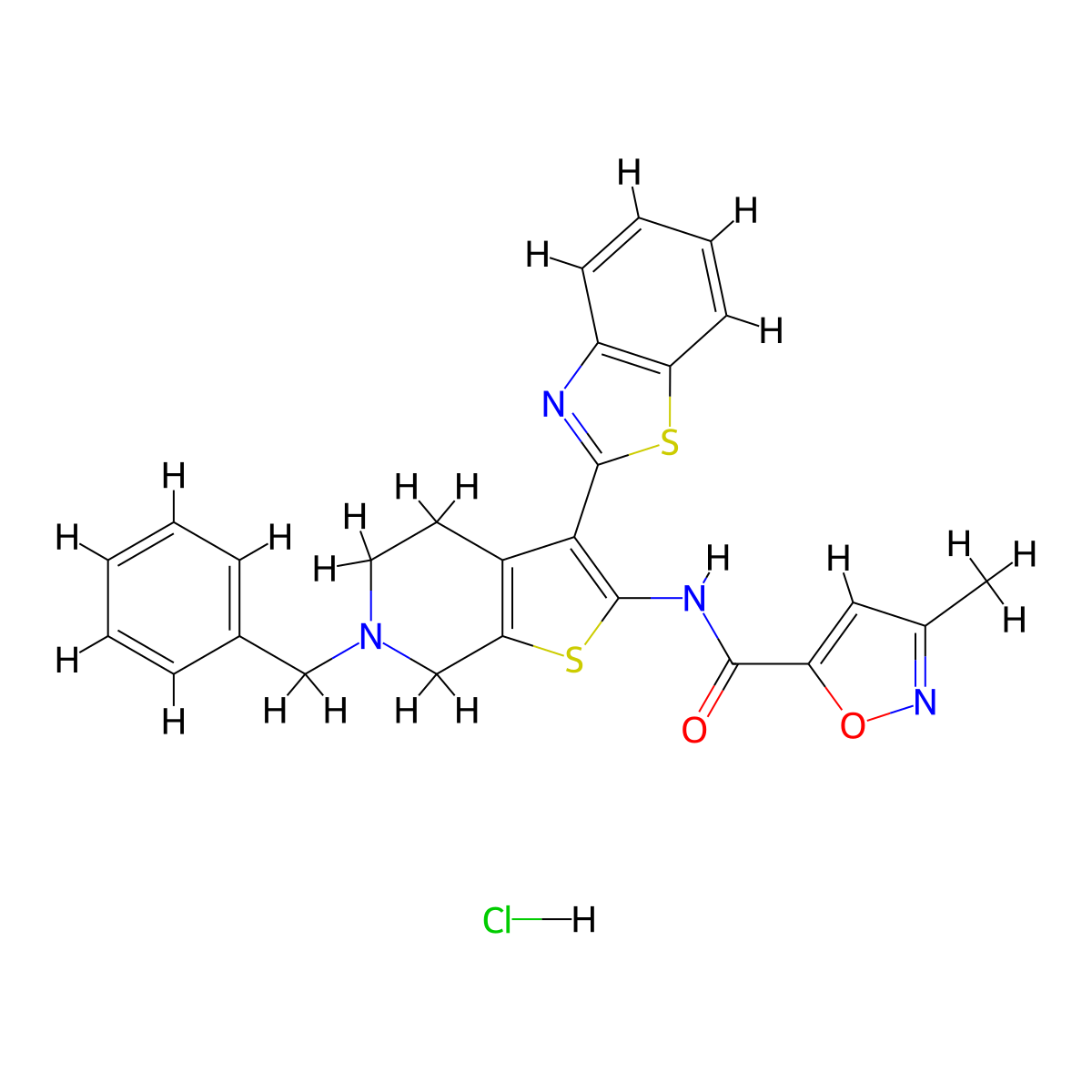 N-(3-(benzo[d]thiazol-2-yl)-6-benzyl-4,5,6,7-tetrahydrothieno[2,3-c]pyridin-2-yl)-3-methylisoxazole-5-carboxamide hydrochloride molecular structure, CAS 1331216-46-6