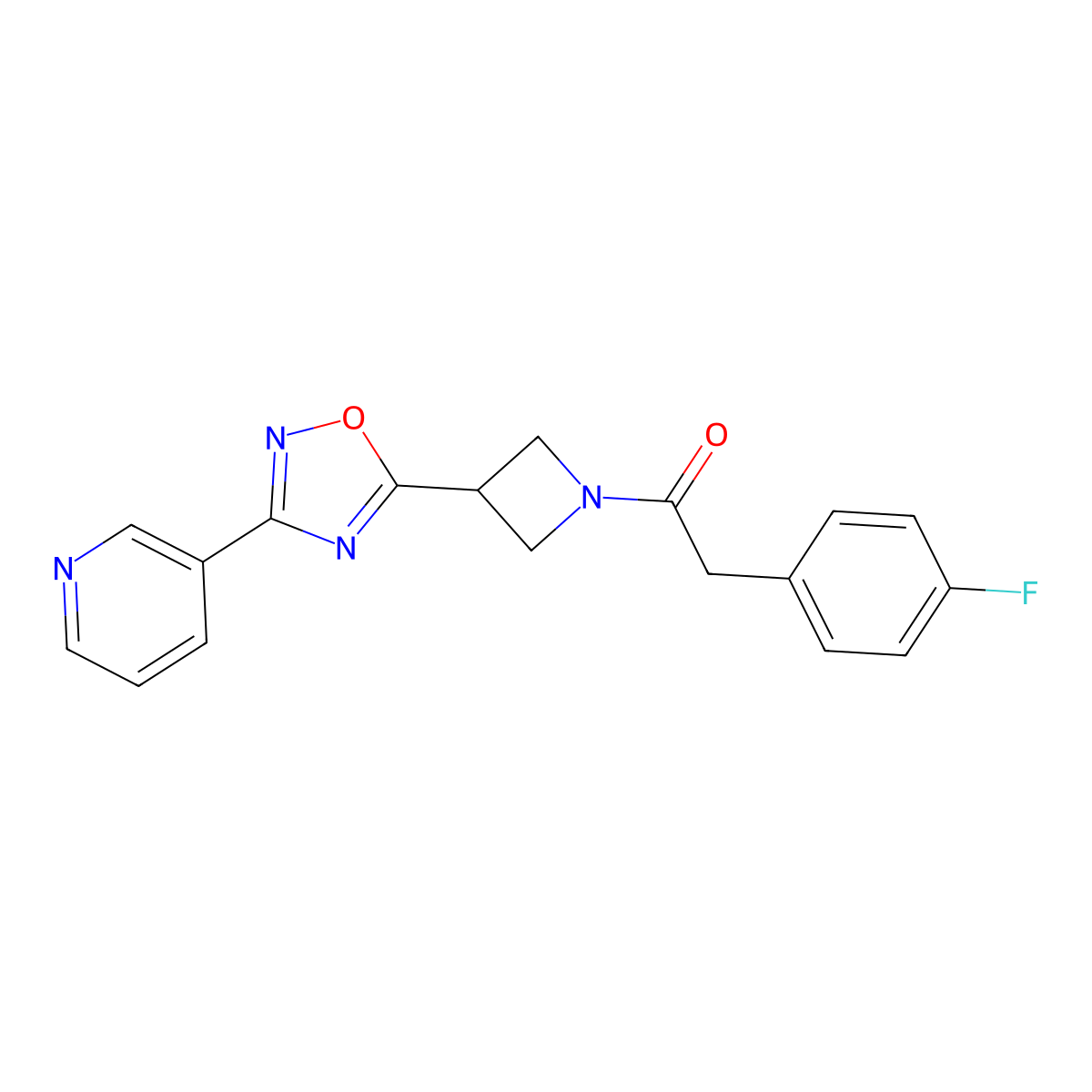 2-(4-Fluorophenyl)-1-(3-(3-(pyridin-3-yl)-1,2,4-oxadiazol-5-yl)azetidin-1-yl)ethanone molecular structure, CAS 1331265-88-3
