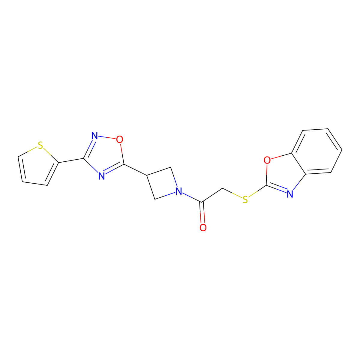 2-(Benzo[d]oxazol-2-ylthio)-1-(3-(3-(thiophen-2-yl)-1,2,4-oxadiazol-5-yl)azetidin-1-yl)ethanone molecular structure, CAS 1331267-47-0