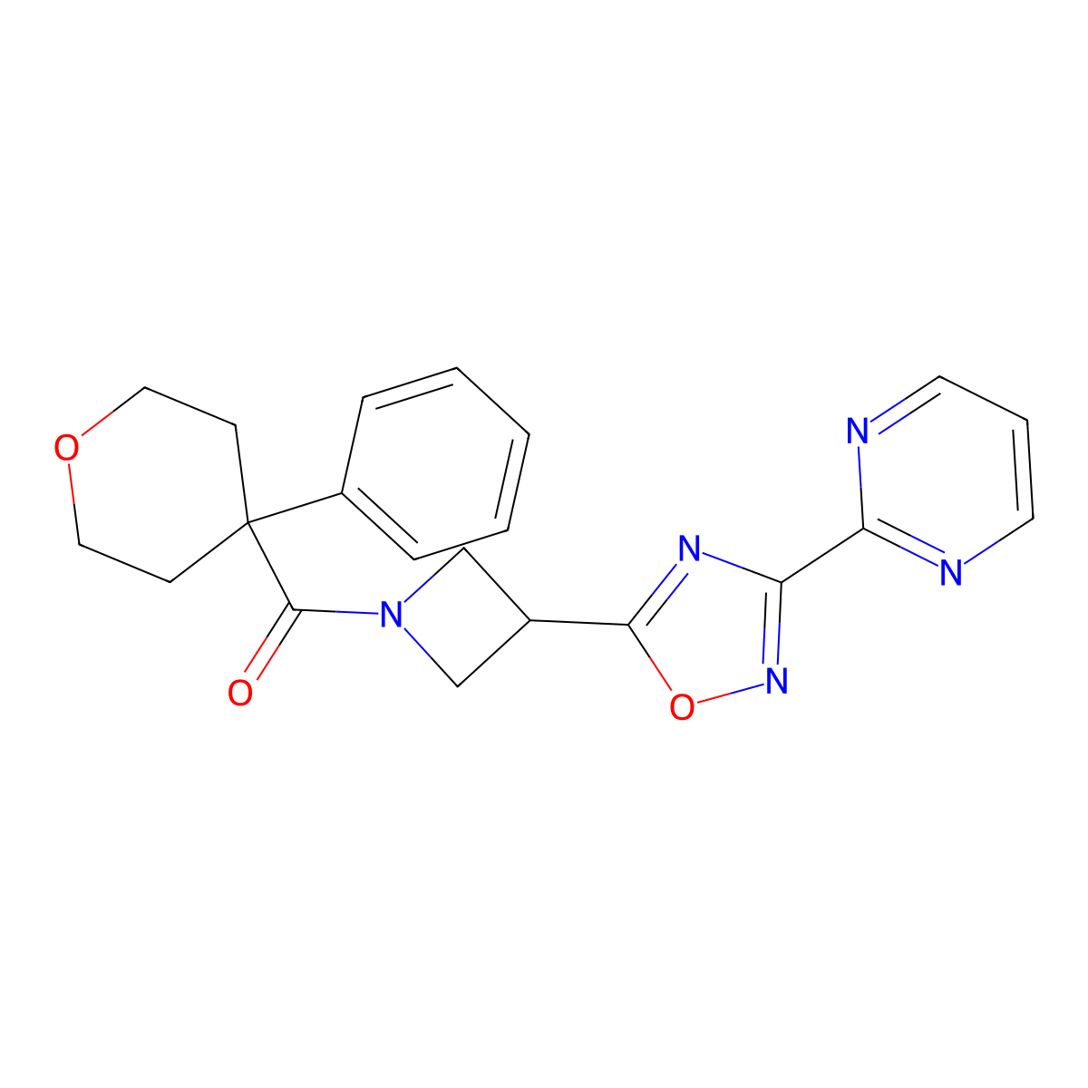 (4-phenyltetrahydro-2H-pyran-4-yl)(3-(3-(pyrimidin-2-yl)-1,2,4-oxadiazol-5-yl)azetidin-1-yl)methanone molecular structure, CAS 1331269-37-4