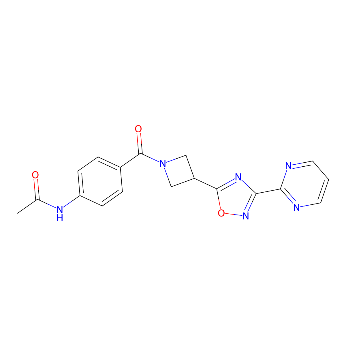 N-(4-(3-(3-(pyrimidin-2-yl)-1,2,4-oxadiazol-5-yl)azetidine-1-carbonyl)phenyl)acetamide molecular structure, CAS 1331269-42-1