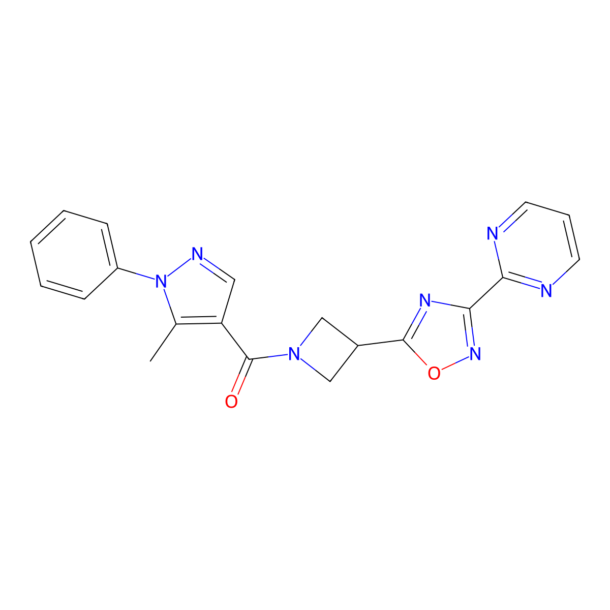 2-{5-[1-(5-methyl-1-phenyl-1H-pyrazole-4-carbonyl)azetidin-3-yl]-1,2,4-oxadiazol-3-yl}pyrimidine molecular structure, CAS 1331269-45-4