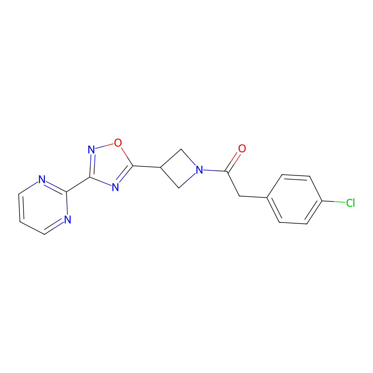 2-(4-Chlorophenyl)-1-(3-(3-(pyrimidin-2-yl)-1,2,4-oxadiazol-5-yl)azetidin-1-yl)ethanone molecular structure, CAS 1331269-74-9