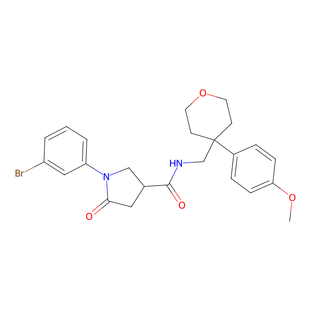 1-(3-bromophenyl)-N-((4-(4-methoxyphenyl)tetrahydro-2H-pyran-4-yl)methyl)-5-oxopyrrolidine-3-carboxamide molecular structure, CAS 1331281-13-0