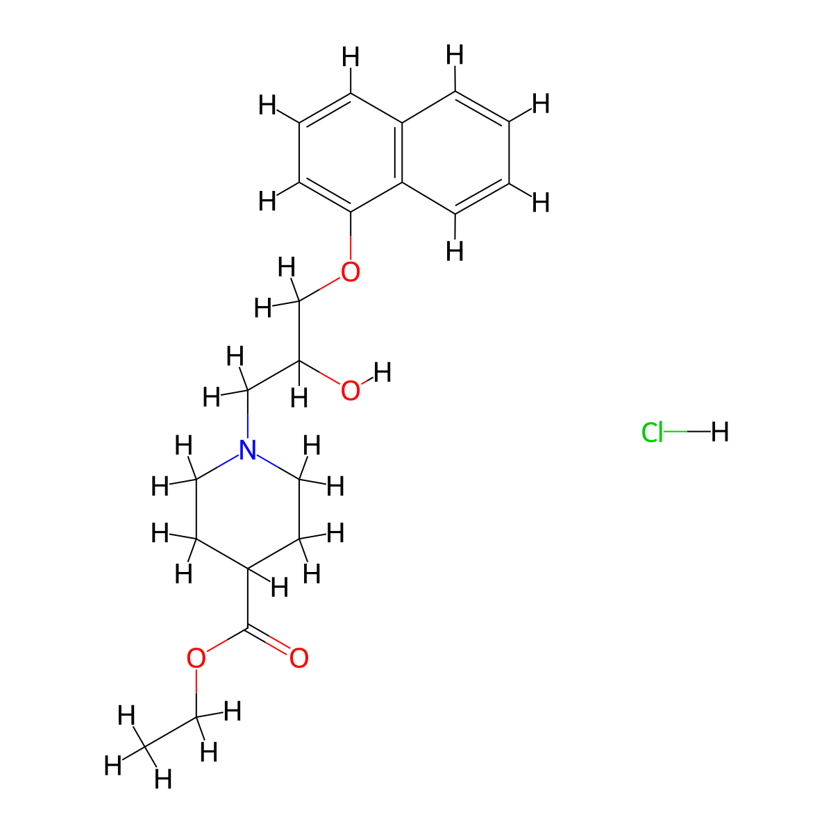Ethyl 1-(2-hydroxy-3-(naphthalen-1-yloxy)propyl)piperidine-4-carboxylate hydrochloride molecular structure, CAS 1331304-24-5