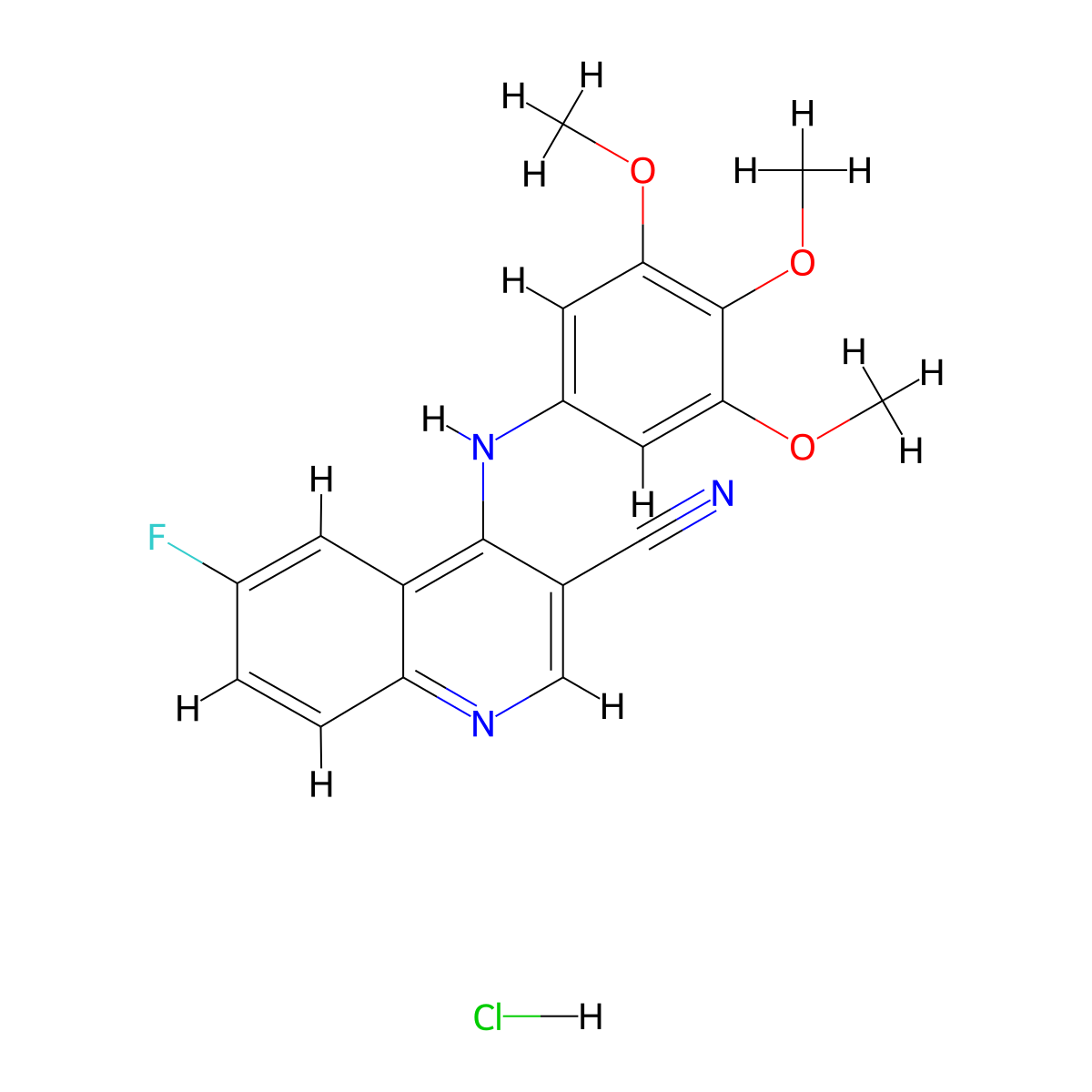 6-Fluoro-4-((3,4,5-trimethoxyphenyl)amino)quinoline-3-carbonitrile hydrochloride molecular structure, CAS 1331304-38-1