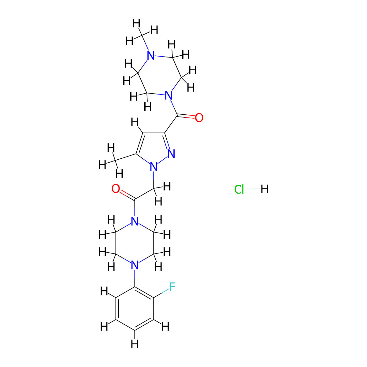 1-(4-(2-fluorophenyl)piperazin-1-yl)-2-(5-methyl-3-(4-methylpiperazine-1-carbonyl)-1H-pyrazol-1-yl)ethanone hydrochloride molecular structure, CAS 1331304-76-7