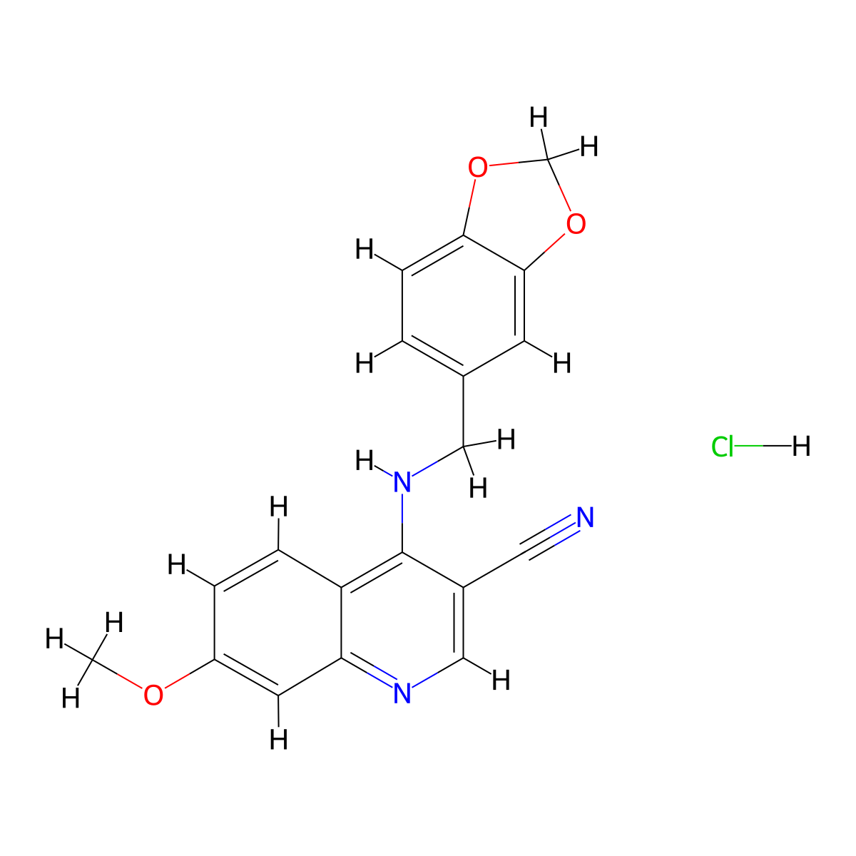 4-((Benzo[d][1,3]dioxol-5-ylmethyl)amino)-7-methoxyquinoline-3-carbonitrile hydrochloride molecular structure, CAS 1331305-15-7