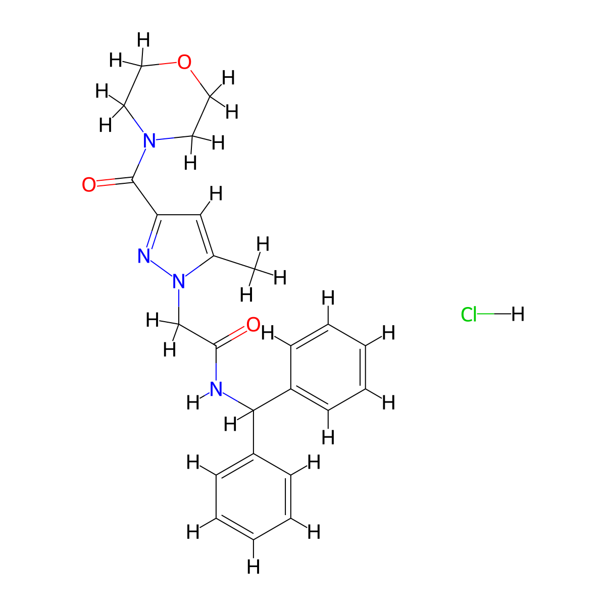 N-benzhydryl-2-(5-methyl-3-(morpholine-4-carbonyl)-1H-pyrazol-1-yl)acetamide hydrochloride molecular structure, CAS 1331328-14-3