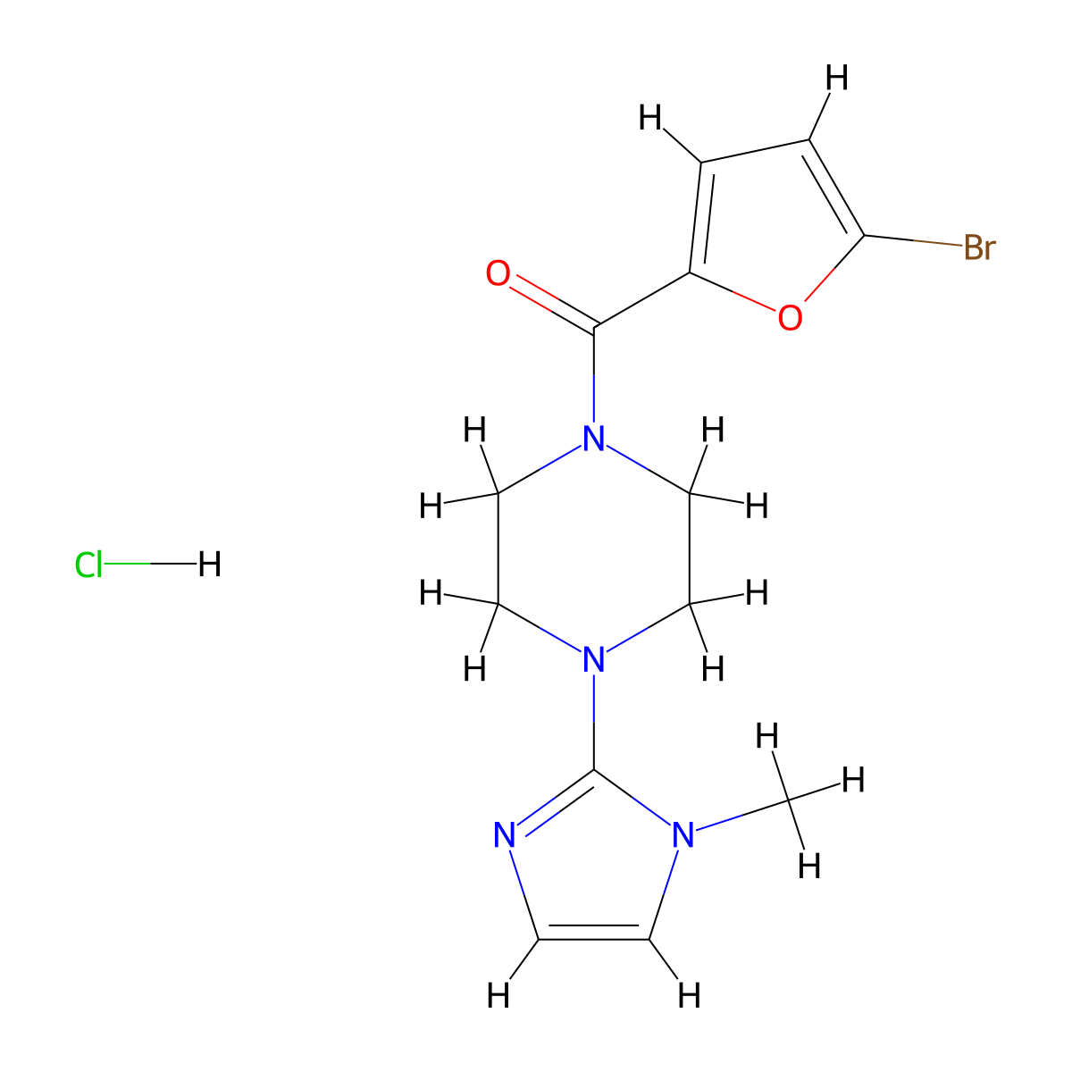 (5-bromofuran-2-yl)(4-(1-methyl-1H-imidazol-2-yl)piperazin-1-yl)methanone hydrochloride molecular structure, CAS 1331333-02-8
