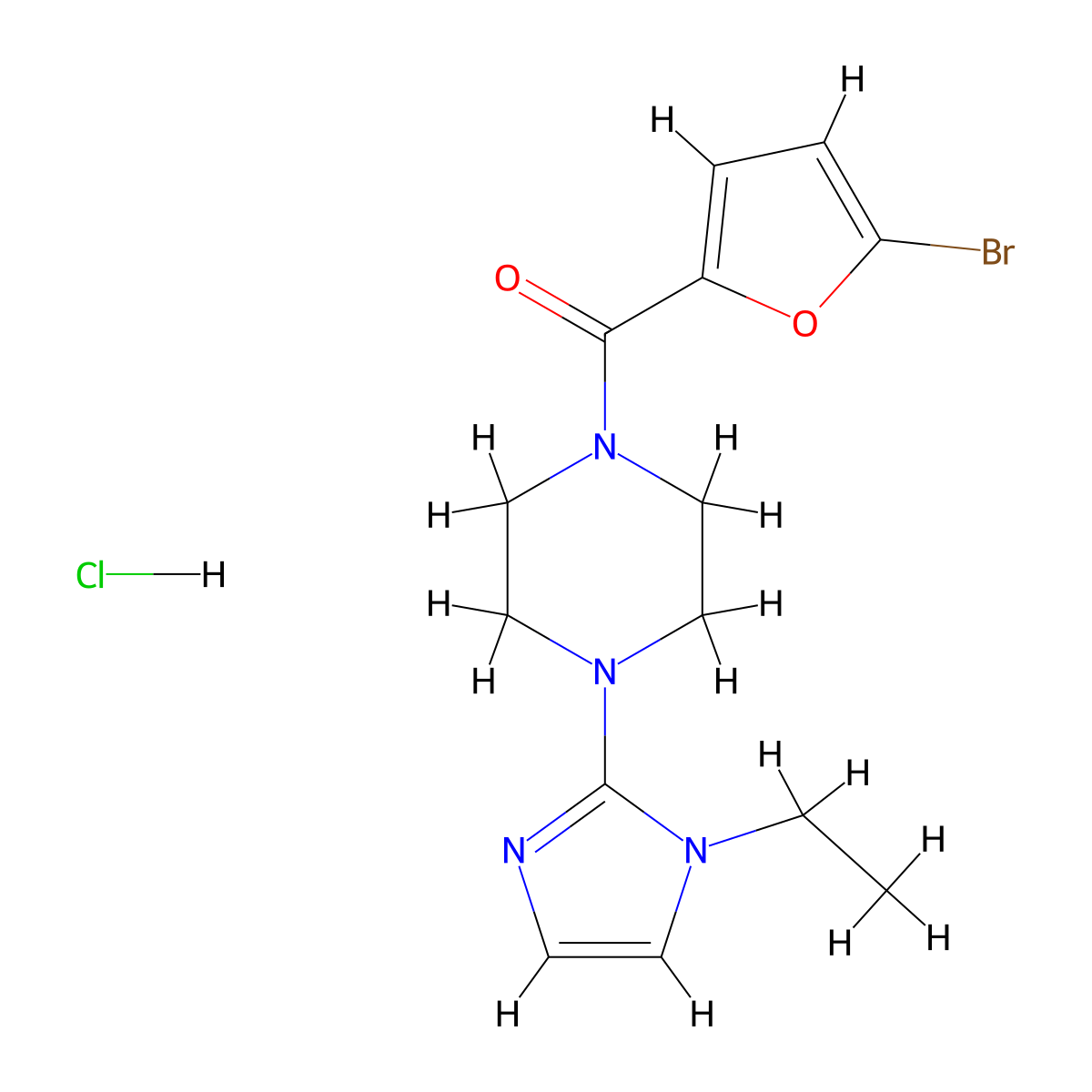 (5-bromofuran-2-yl)(4-(1-ethyl-1H-imidazol-2-yl)piperazin-1-yl)methanone hydrochloride molecular structure, CAS 1331339-79-7