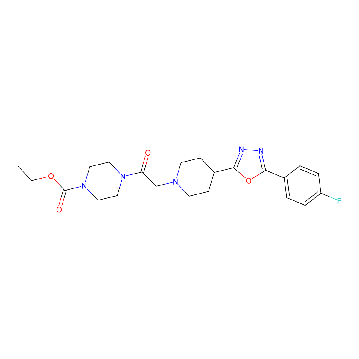 Ethyl 4-(2-(4-(5-(4-fluorophenyl)-1,3,4-oxadiazol-2-yl)piperidin-1-yl)acetyl)piperazine-1-carboxylate molecular structure, CAS 1331341-20-8