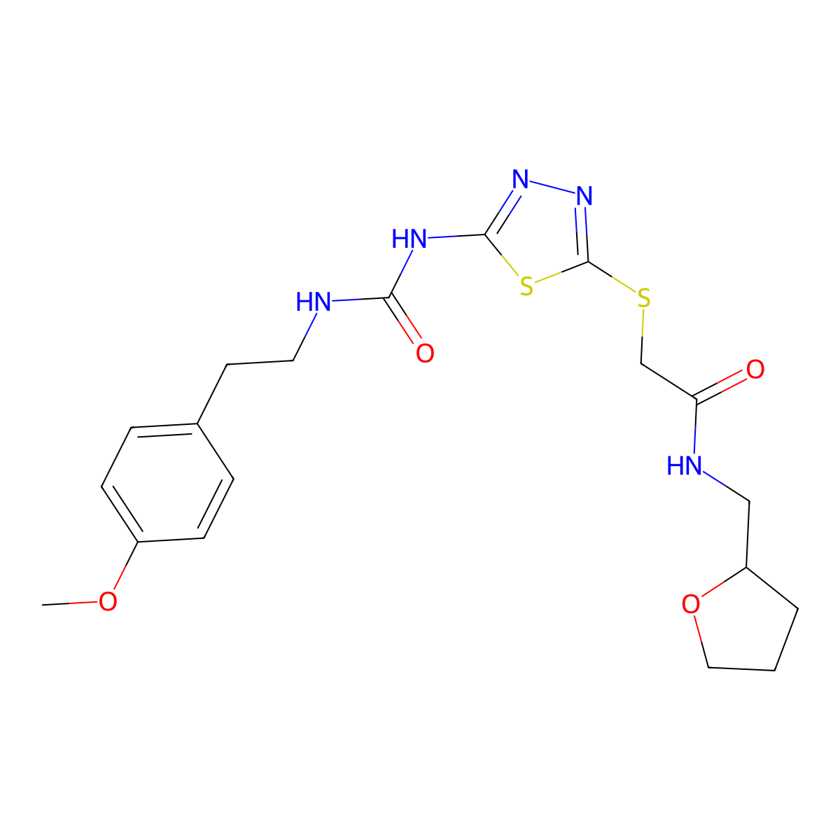 2-((5-(3-(4-methoxyphenethyl)ureido)-1,3,4-thiadiazol-2-yl)thio)-N-((tetrahydrofuran-2-yl)methyl)acetamide molecular structure, CAS 1331342-27-8