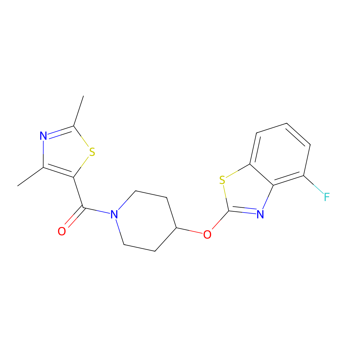 (2,4-Dimethylthiazol-5-yl)(4-((4-fluorobenzo[d]thiazol-2-yl)oxy)piperidin-1-yl)methanone molecular structure, CAS 1331358-10-1