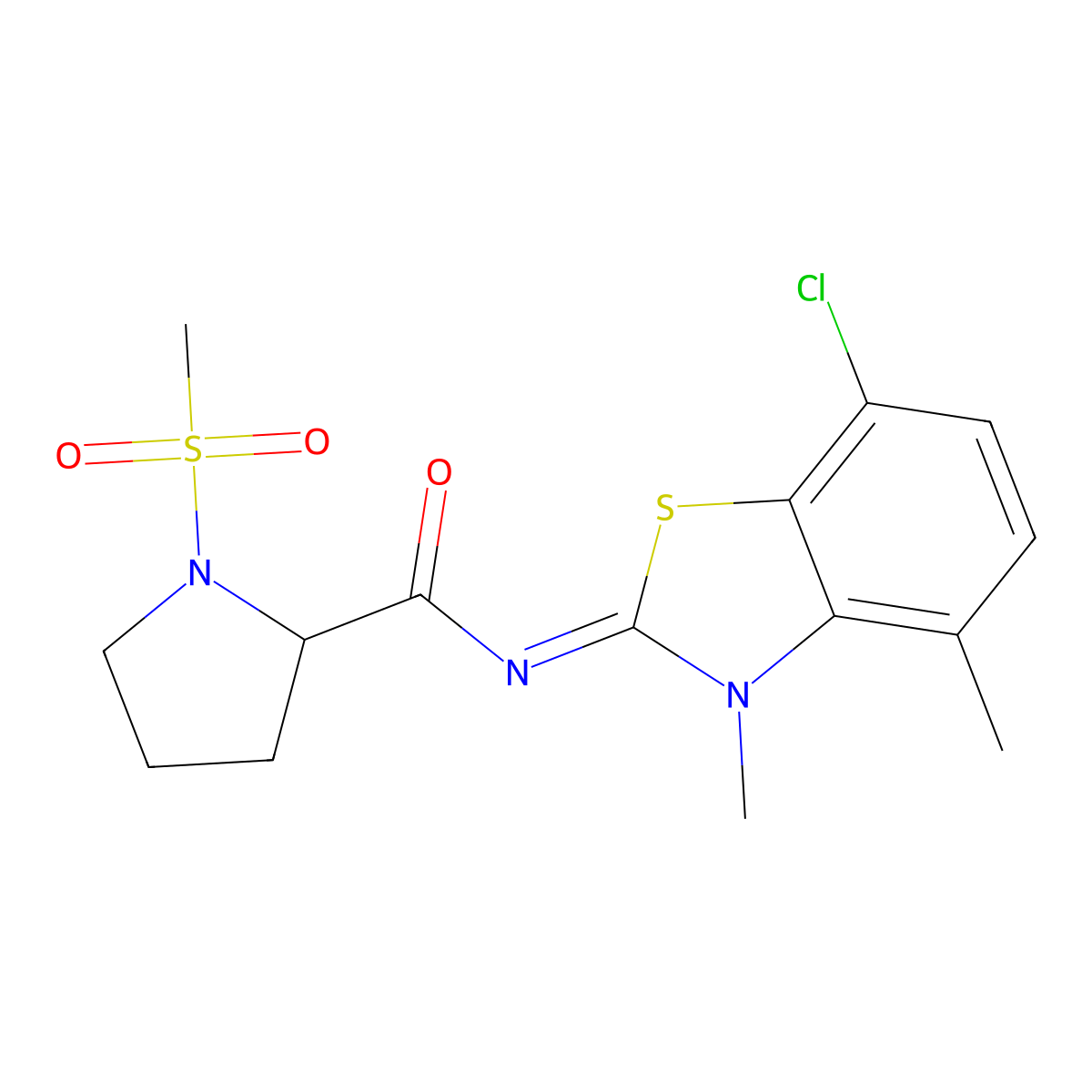(E)-N-(7-chloro-3,4-dimethylbenzo[d]thiazol-2(3H)-ylidene)-1-(methylsulfonyl)pyrrolidine-2-carboxamide molecular structure, CAS 1331377-13-9