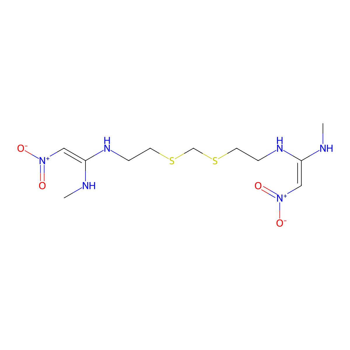 1,1'-N-(Methylenebis(sulfanediylethylene))bis(N'-methyl-2-nitroethene-1,1-diamine) molecular structure, CAS 1331637-48-9