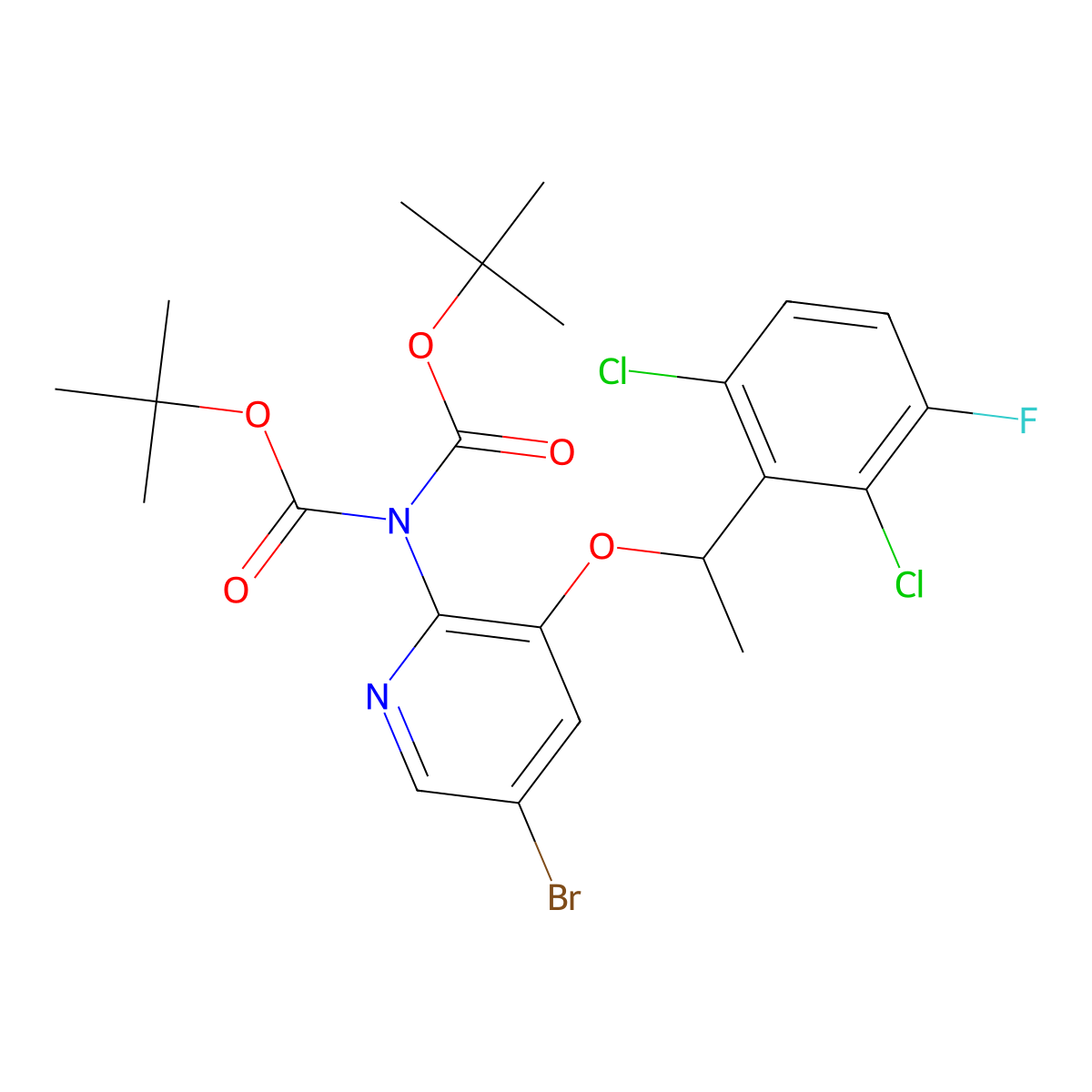 Tetr-butyl-N-{5-bromo-3-[2, 6-dichloro-3-fluorophenyl)ethoxy]pyridin-2-YL-N-[(tert-butoxy)carbonyl]carbamate molecular structure, CAS 1331786-33-4