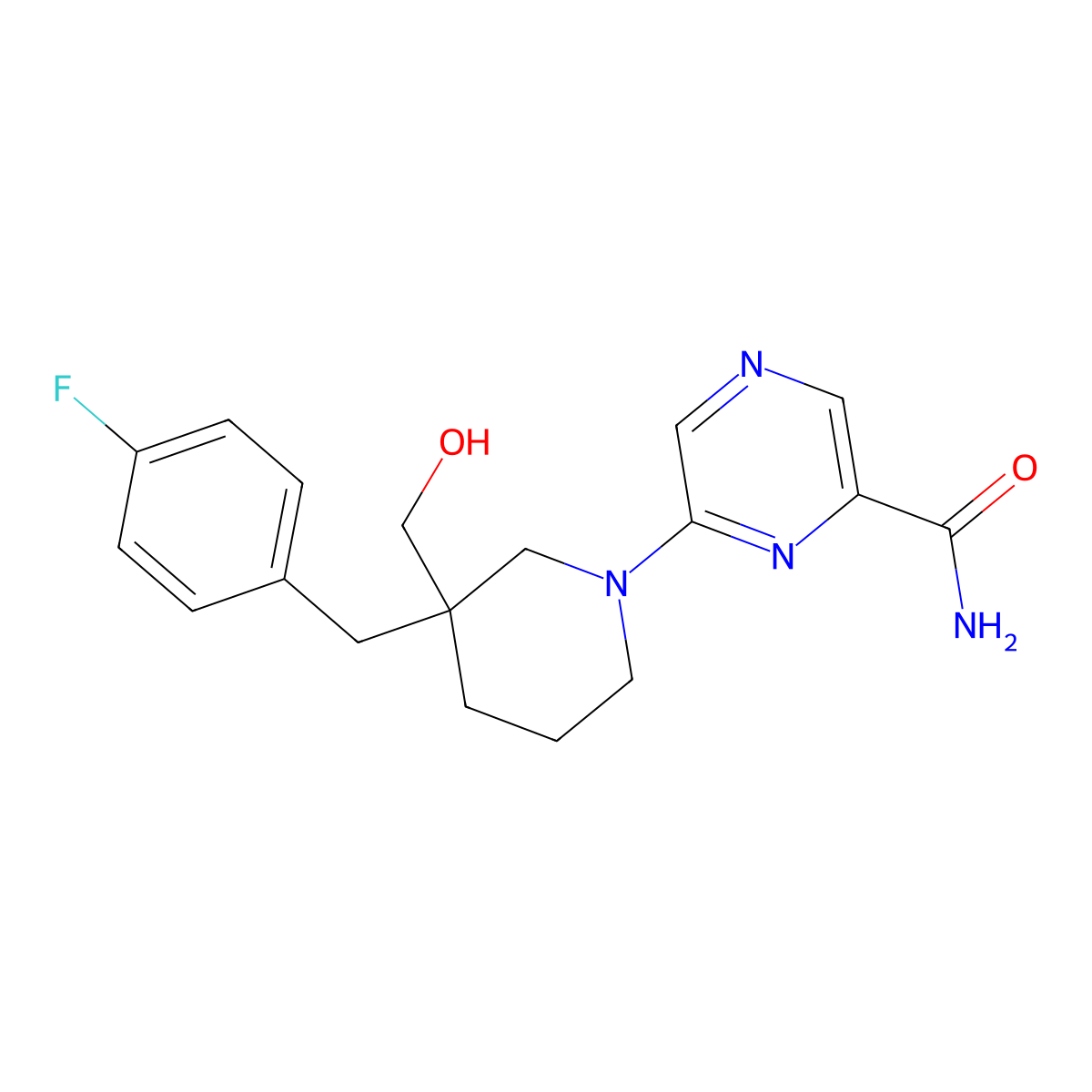 6-(3-(4-Fluorobenzyl)-3-(hydroxymethyl)piperidin-1-yl)pyrazine-2-carboxamide molecular structure, CAS 1332175-56-0