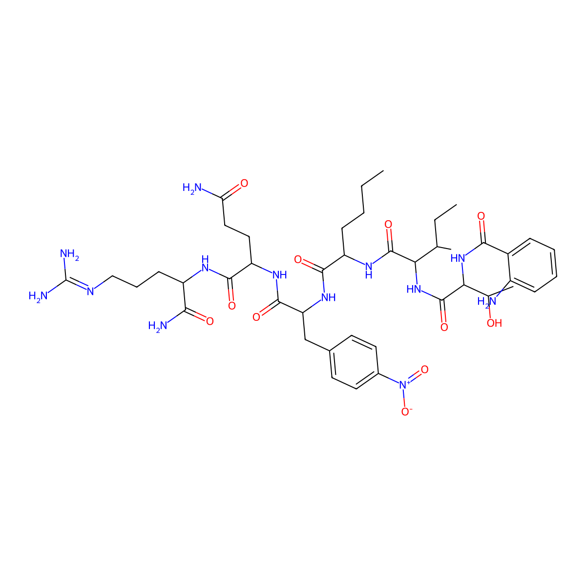 (2S)-2-[[(2S)-2-[[(2S)-2-[[(2S,3S)-2-[[(2S,3R)-2-[(2-aminobenzoyl)amino]-3-hydroxybutanoyl]amino]-3-methylpentanoyl]amino]hexanoyl]amino]-3-(4-nitrophenyl)propanoyl]amino]-N-[(2S)-1-amino-5-(diaminomethylideneamino)-1-oxopentan-2-yl]pentanediamide molecular structure, CAS 133233-38-2