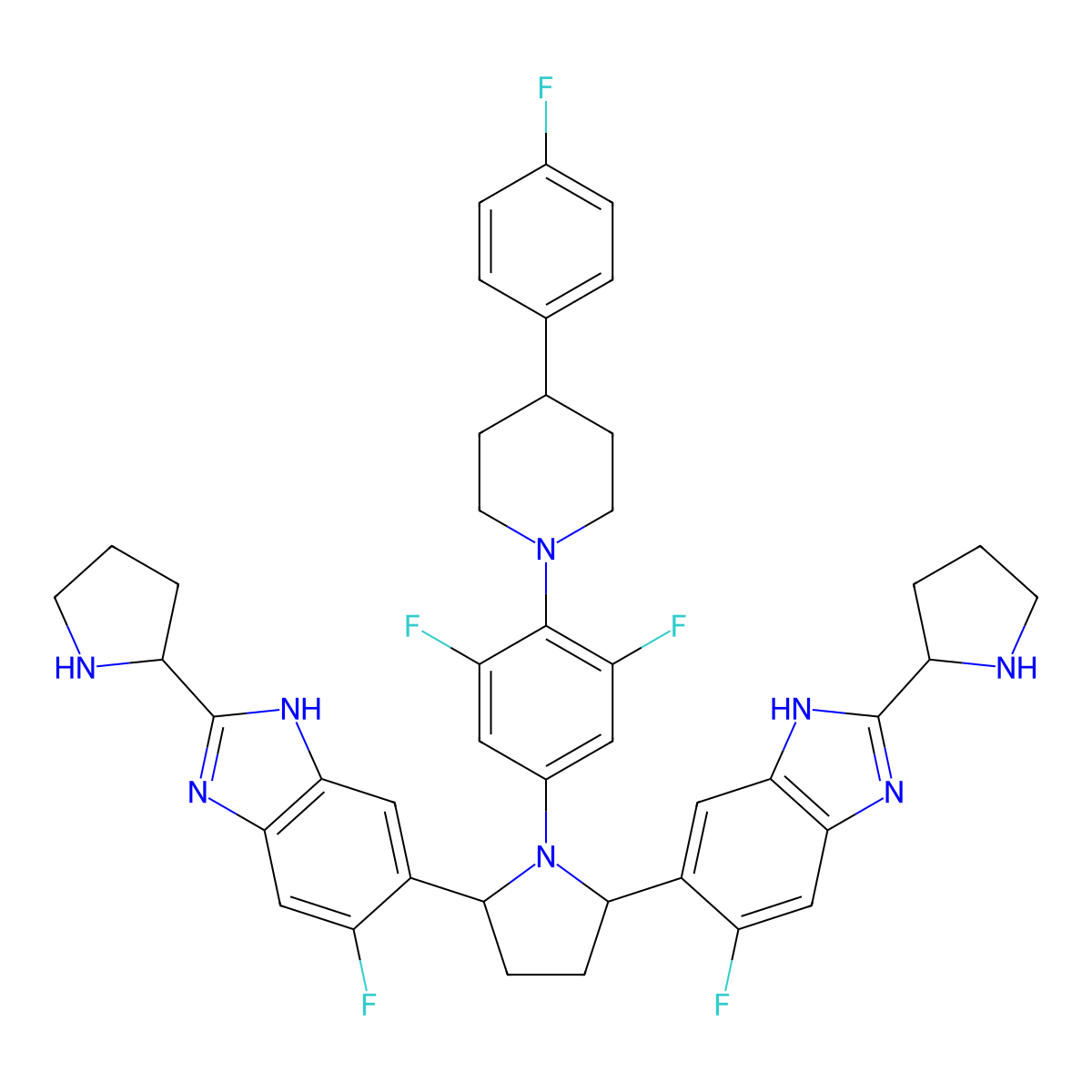 5,5'-[(2R,5R)-1-[3,5-Difluoro-4-[4-(4-fluorophenyl)-1-piperidinyl]phenyl]-2,5-pyrrolidinediyl]bis[6-fluoro-2-(2S)-2-pyrrolidinyl-1H-benzimidazole] molecular structure, CAS 1332357-14-8