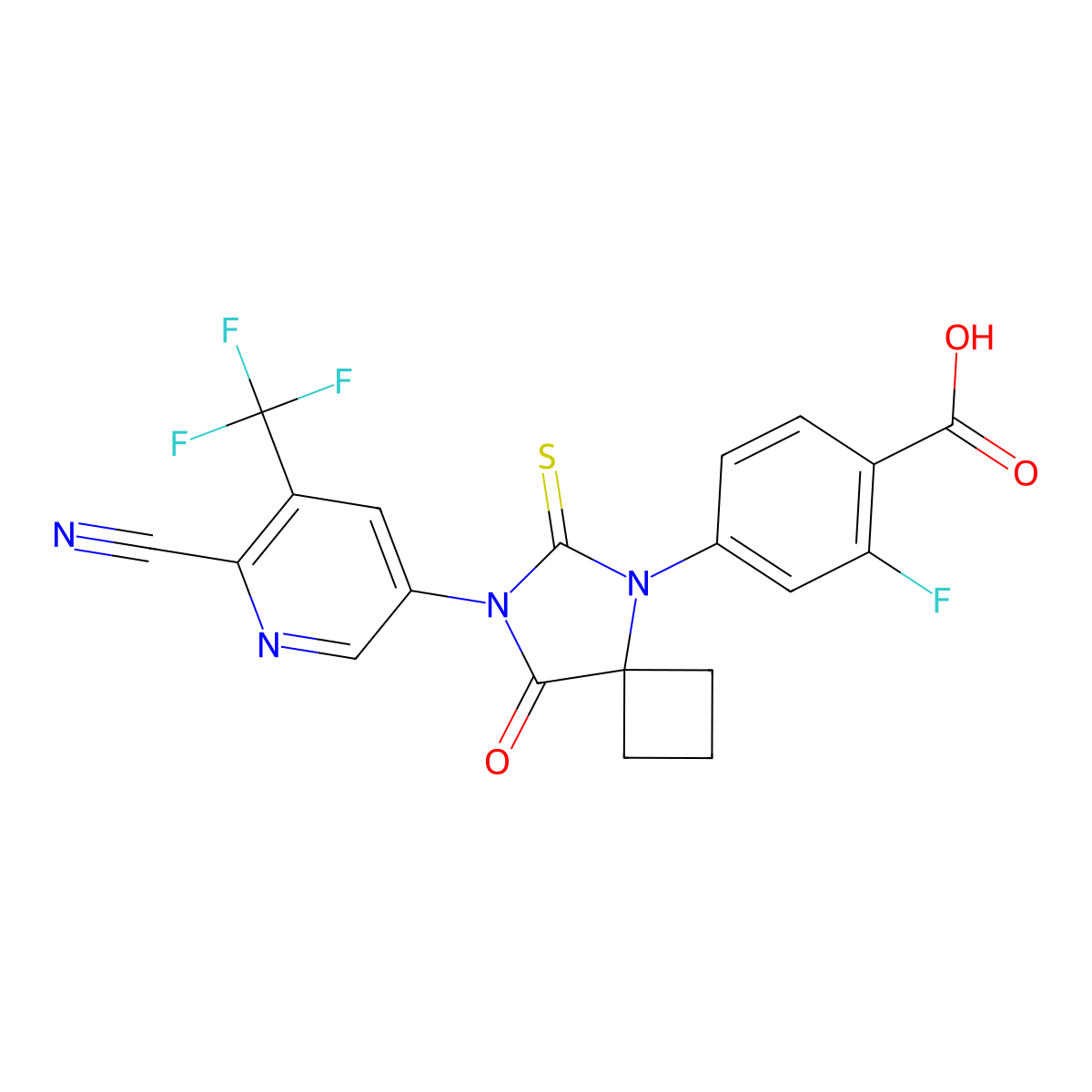 4-(7-(6-Cyano-5-(trifluoromethyl)pyridin-3-yl)-8-oxo-6-thioxo-5,7-diazaspiro(3.4)octan-5-yl)-2-fluorobenzoic acid molecular structure, CAS 1332391-04-4